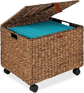 Best Choice Products Handwoven Water Hyacinth Rolling Filing Cabinet, Chestnut