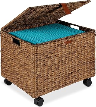 Best Choice Products Handwoven Water Hyacinth Rolling Filing Cabinet, Mobile File Organizer for Hanging Folders W/Lid and Locking Wheels For Home or Office Chestnut