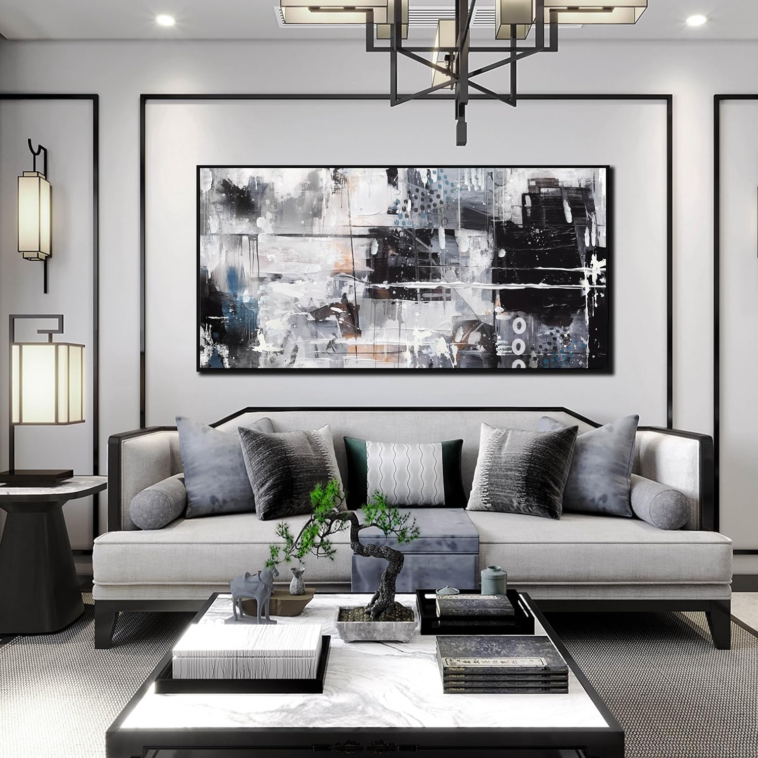 Black and White Abstract Wall Art - Modern Wall Art Living Room - 24" x 48" Framed