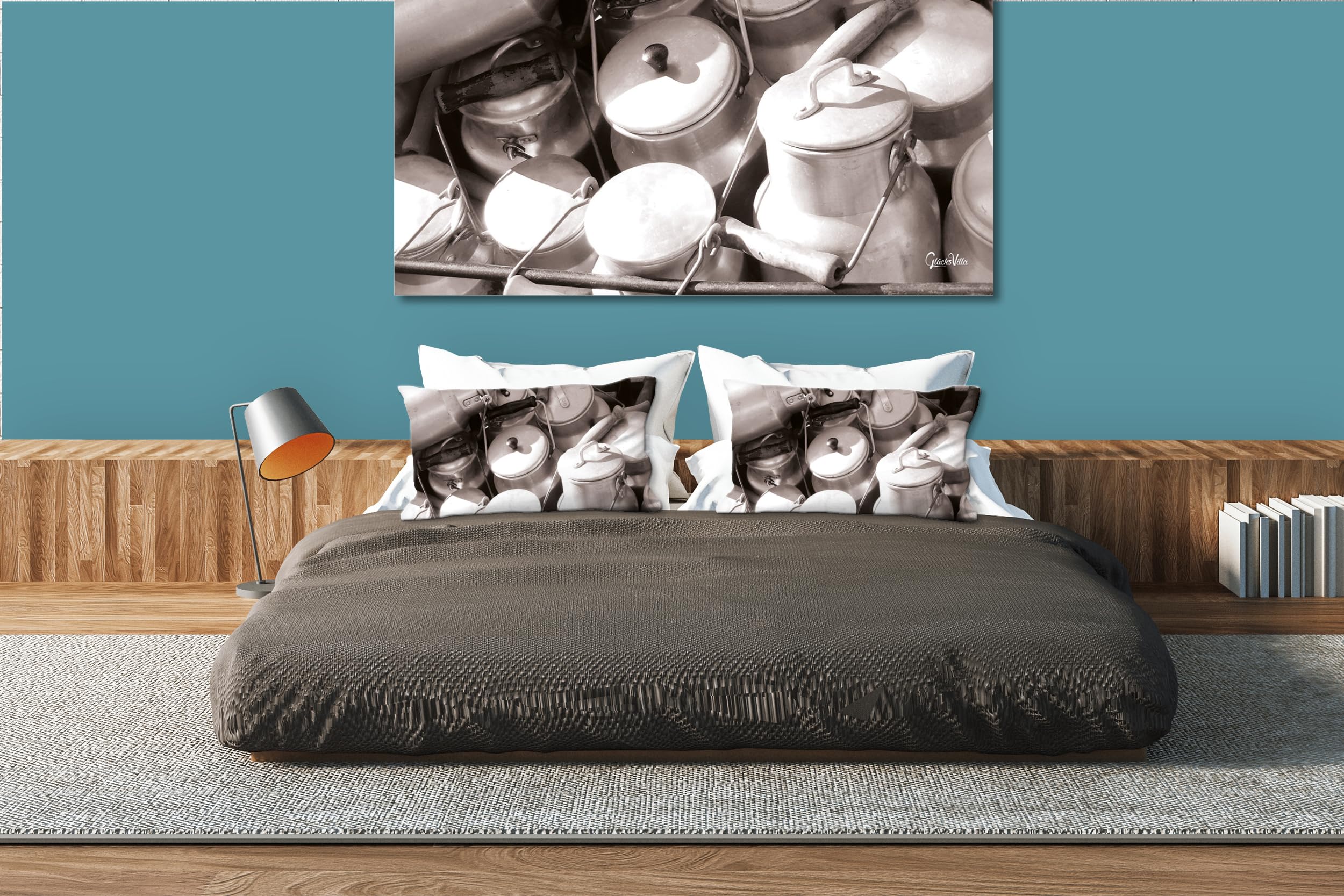Milchkannen 2 - Foto-Kissen-Hülle Set (2 STK.) 80 x 40 cm | Kissen-Bezüge - passend zu Wandbild - Deko-Kissen - Küche Milch Geschirr Kuh Bauernhof