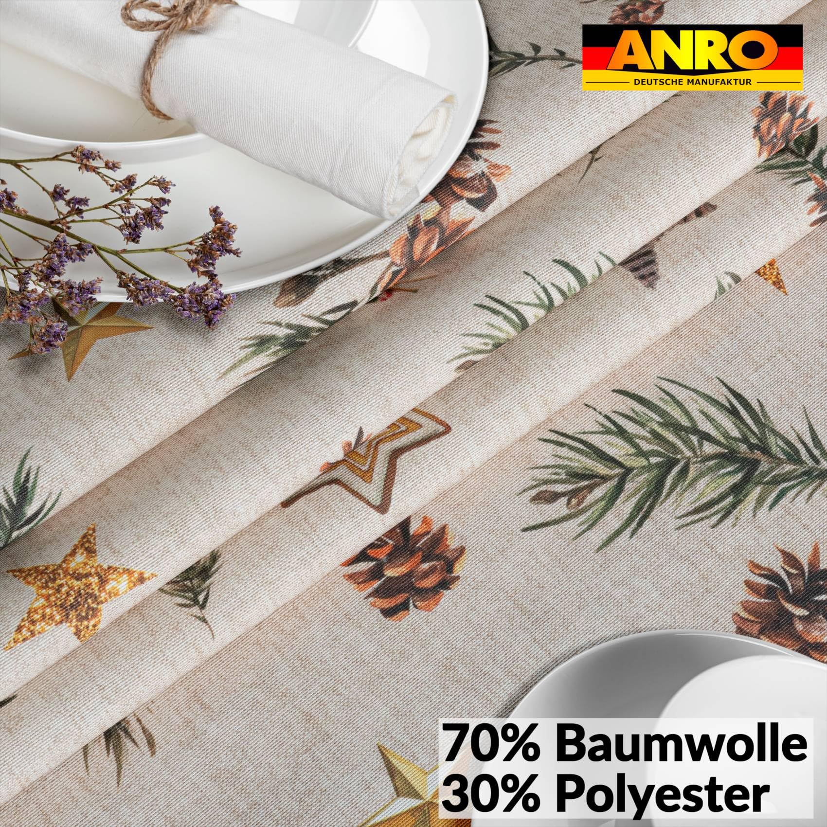 ANRO Tischdecke abwaschbar Weihnachten Stern mit Saum oval 180x140 cm