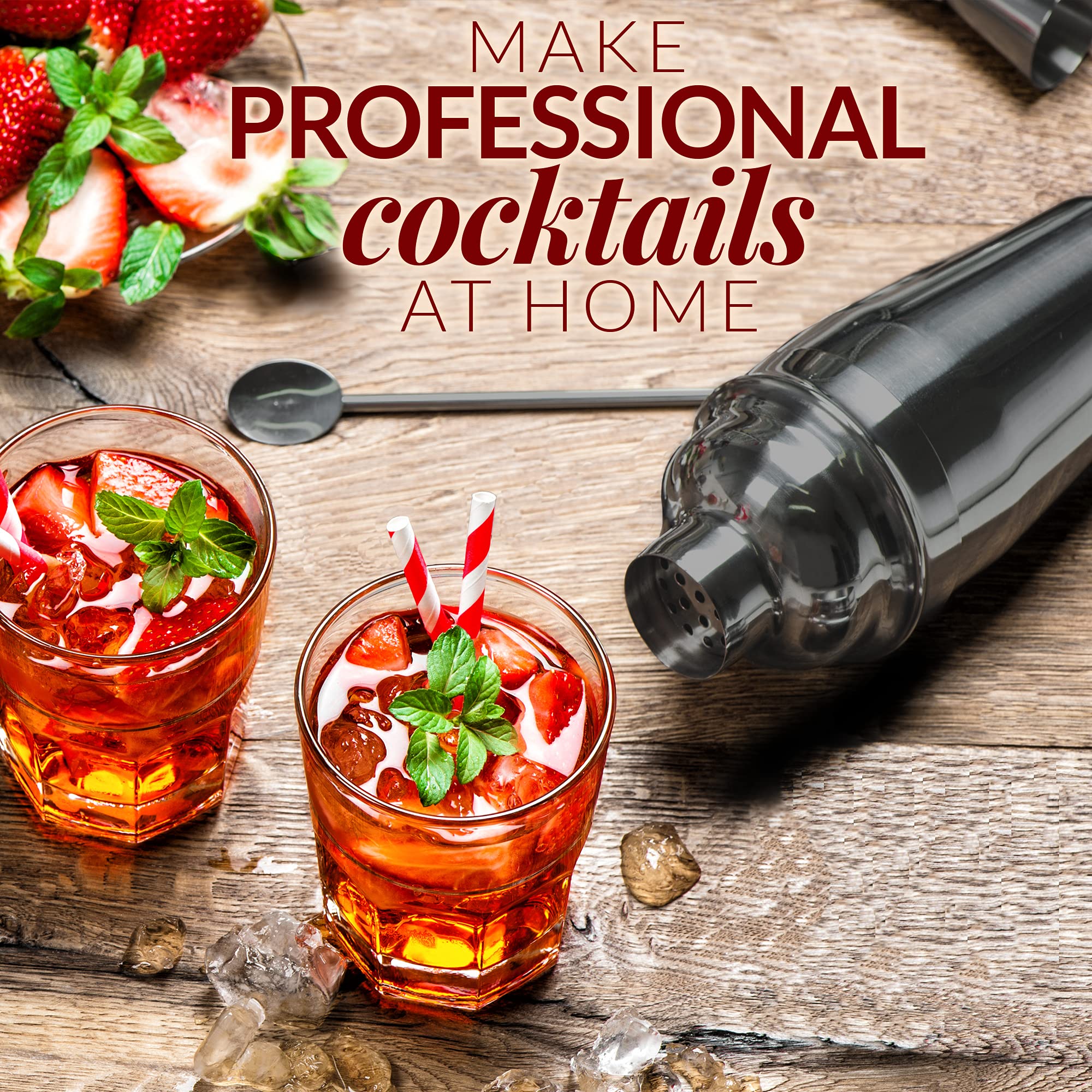 Zulay Cocktail-Shaker-Set (680 ml) – Professioneller Getränke-Shaker, Jigger & Cocktail-Löffel-Set – Premium Edelstahl Martini Shaker – Rostfreier Bar-Shaker mit Cocktail-Rezeptbroschüre (schwarz)