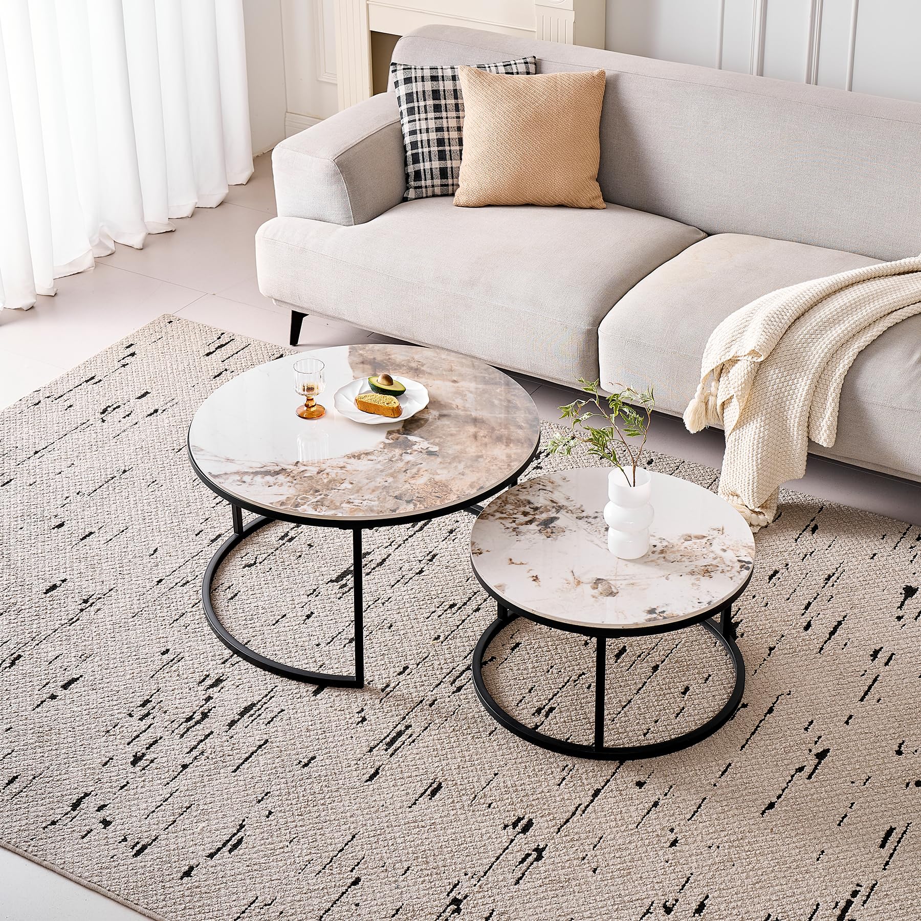 Set di 2 Tavolini Rotondi con Piano in Ceramica Tecnica (NON in MDF); Tavolini Sovrapponibili Idéal pour Soggiorno, Camera da Letto (Pandora+Nero), 60+80cm