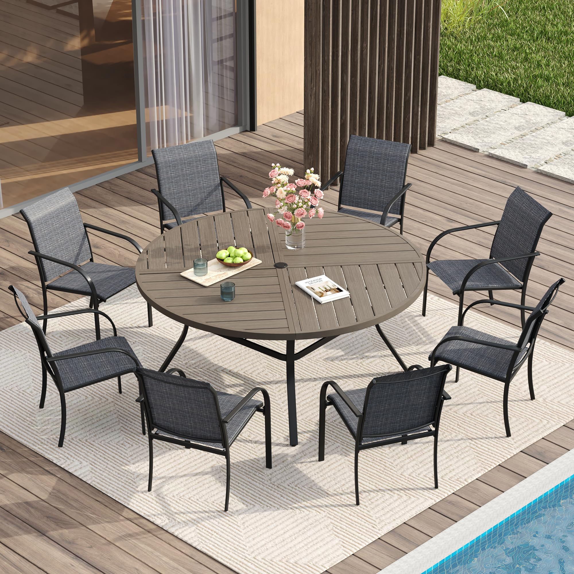 VICLLAX Patio Table and Chair Set of 8, All Weather Metal Round Outdoor Dining Furniture Set-53 Round Outdoor Table and Chairs, Grey Wood Grain Tabletop