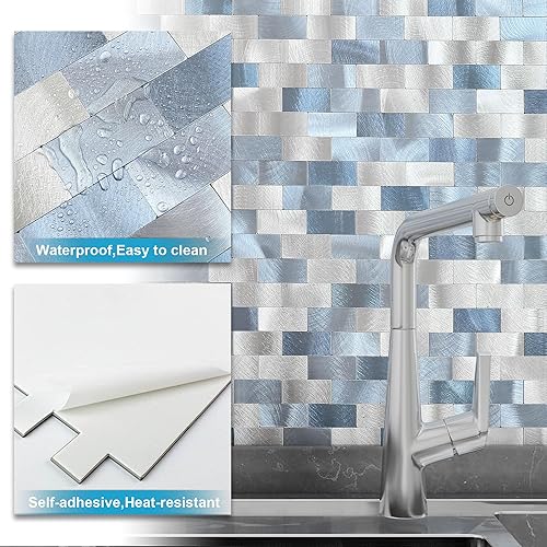 Miniatura 7 de BeNice Paneles de azulejos de metal para salpicaduras de muro, azulejos de baño para despegar y pegar, azulejos de baño para azulejos de pared (oro