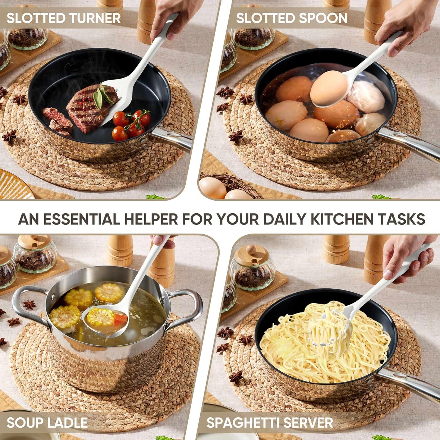 Herogo 5-Piece Mixing Bowls with Lids, 3 Grater Attachments, 7-Piece Cooking Utensils Set, Khaki
