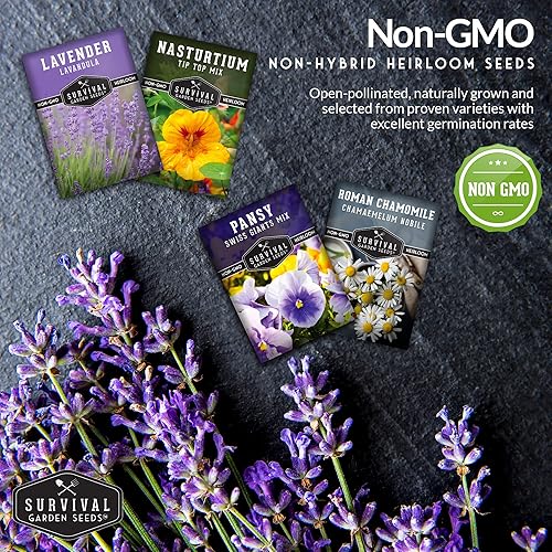 Miniatura 5 de Survival Garden Seeds Colección de flores comestibles - Caja de semillas de lavanda, manzanilla romana, capuchina, pensamiento, paquetes de semillas