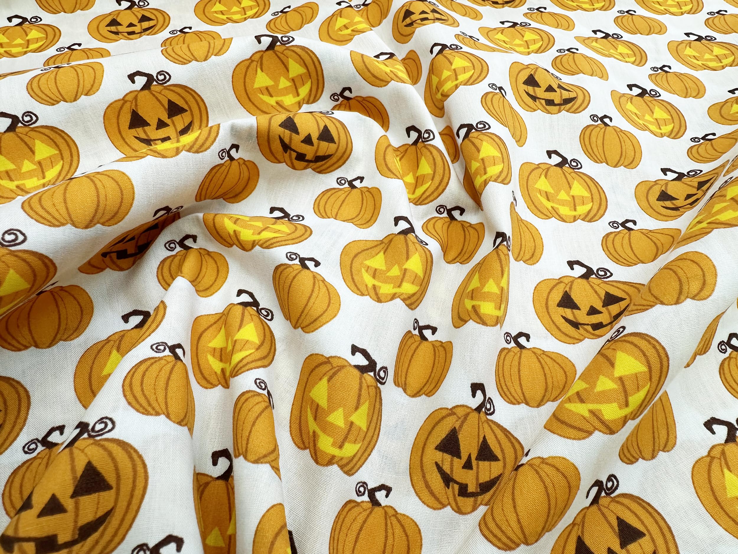 Halloween Fabric - Spooky Orange Pumpkins on White - Polycotton Craft Fabric Material Metre
