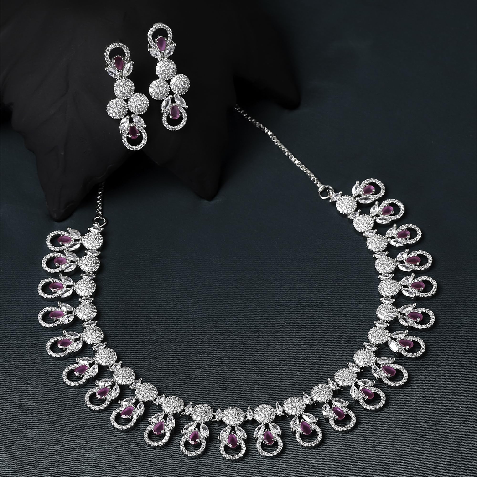 Rhodium-Plated American Diamonds Studded Necklace Set
