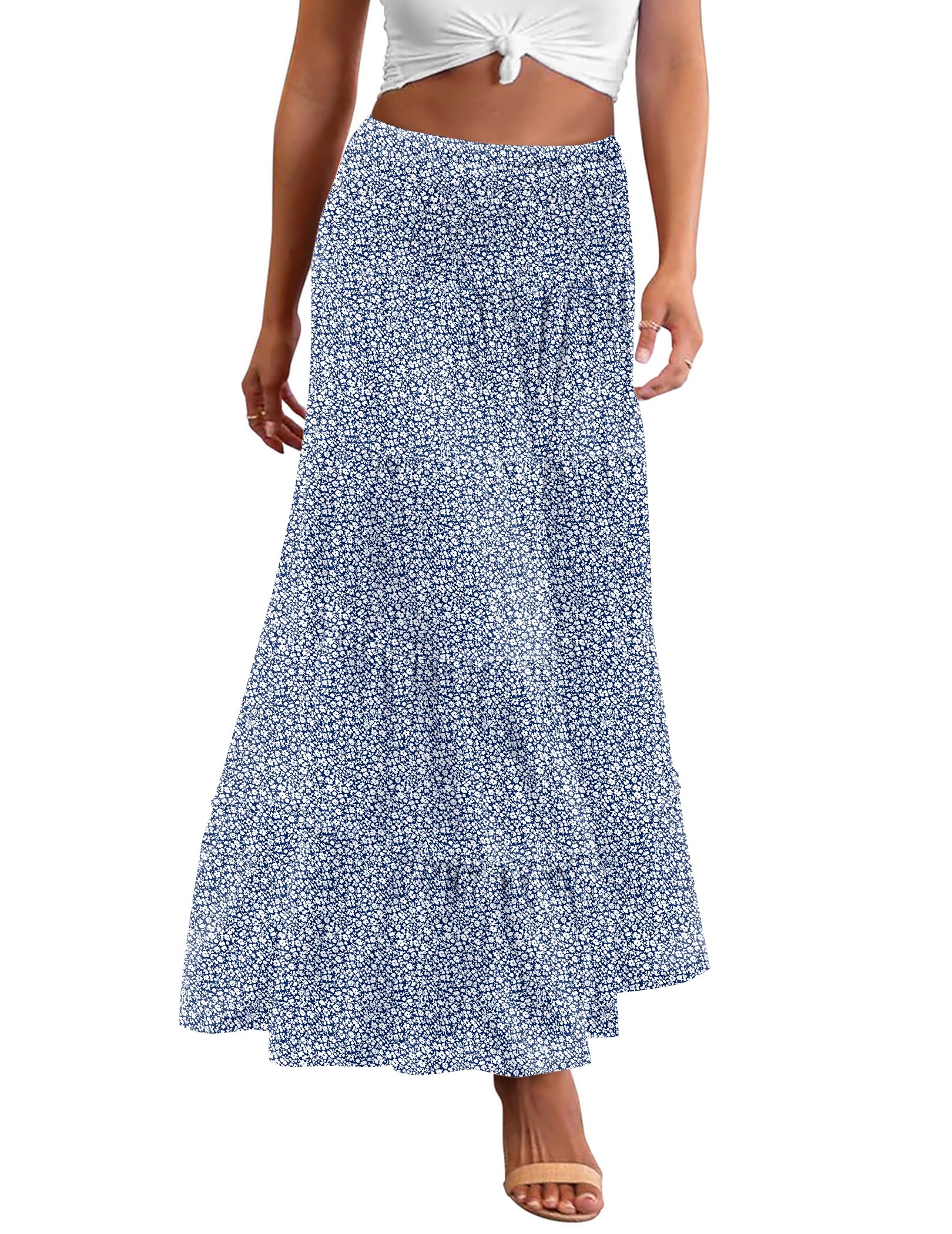 Zeagoo Women's Long Maxi Skirts Tiered Elastic High Waist Boho Double Layered Print A-Line Casual Midi Dress