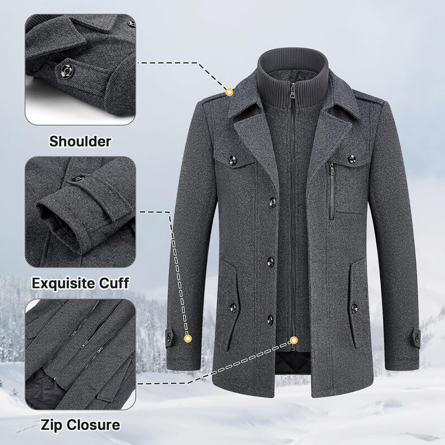 Lamgool Men's Winter Wool Blend Coat Casual Business Single Breasted Peacoat - Image 5
