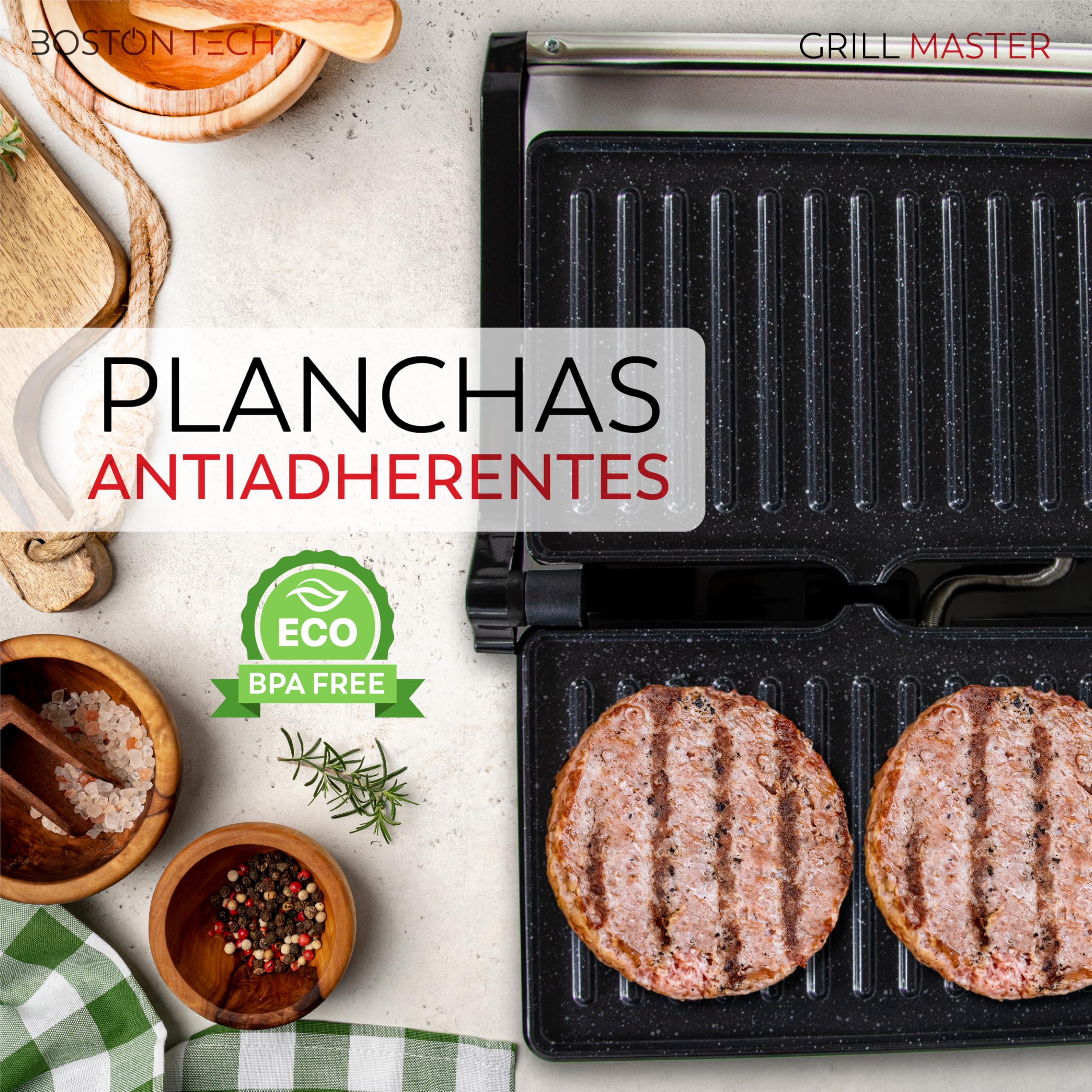 Grill Master Parrilla Eléctrica 3 en 1: Grill, Sandwichera y Panini. Placas AntiAdherente. Apertura 180º. Placa Superior Flotante. Libre de BPA. 2 superficies de 23x14.5. Pinza de Cierre. 1000W