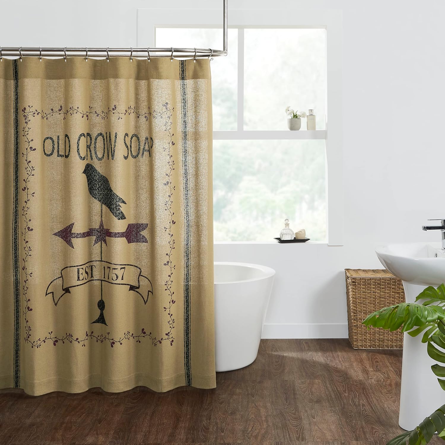 Pine Valley Quilts Burlap Natural Weathervane Crow Farmhouse Shower Curtain 72x72
