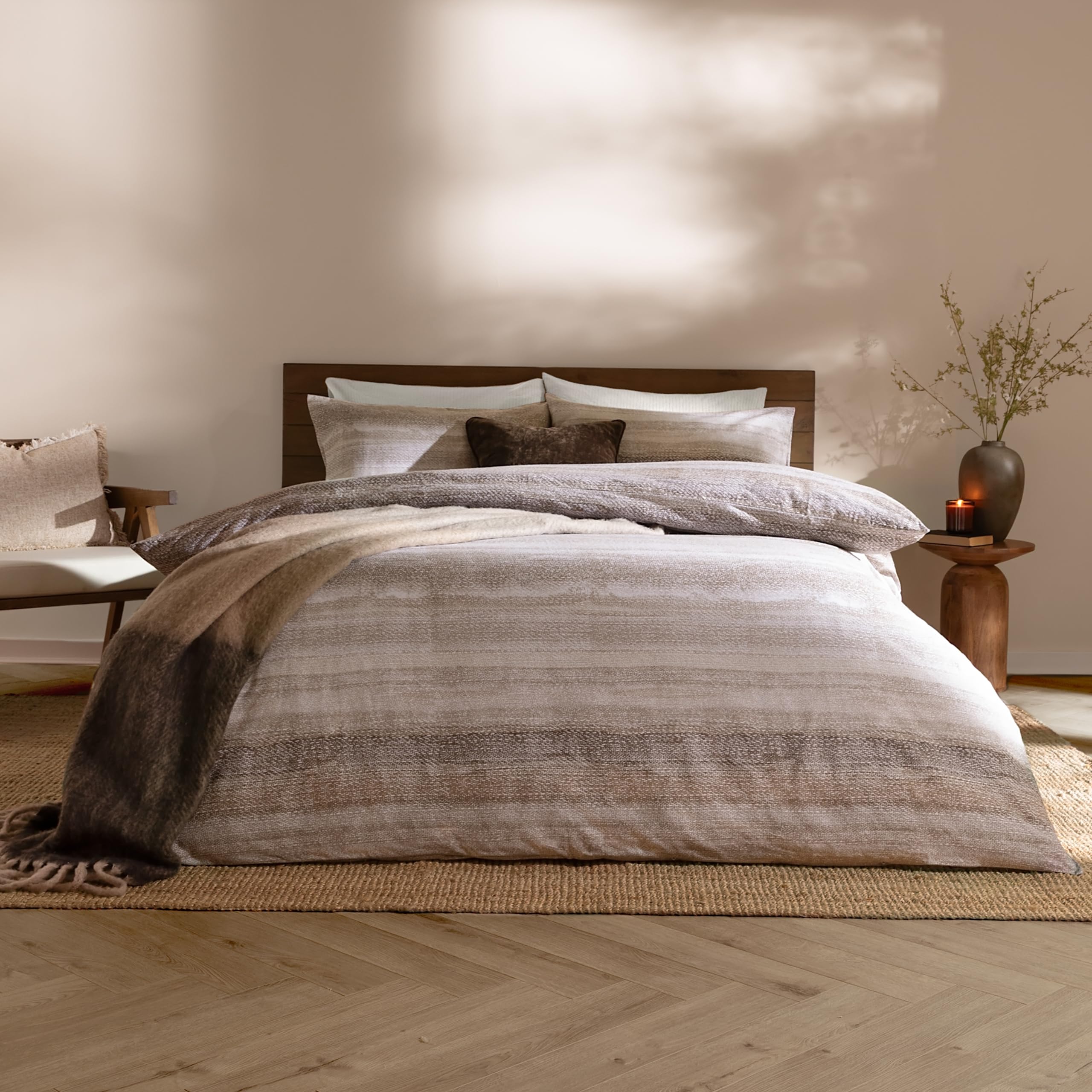 Yard Natural Swift Duvet Cover Set – Soft Reversible Striped Brushed Cotton Earth Toned Bedding Set ( - Double)