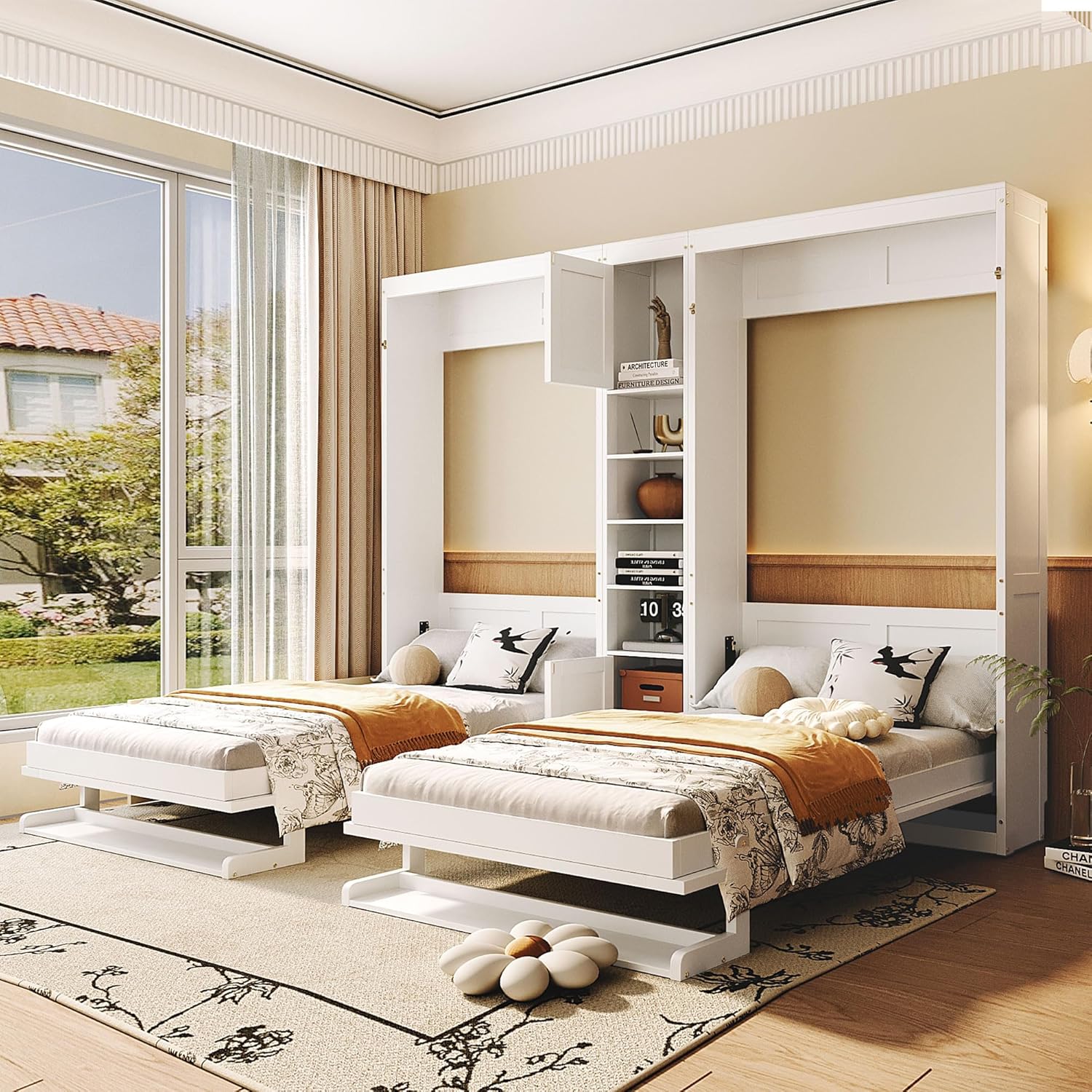 Harper & Bright Designs Dual Twin Size Murphy Bed, Wooden Wall Bed with Cabinets and Shelves, White