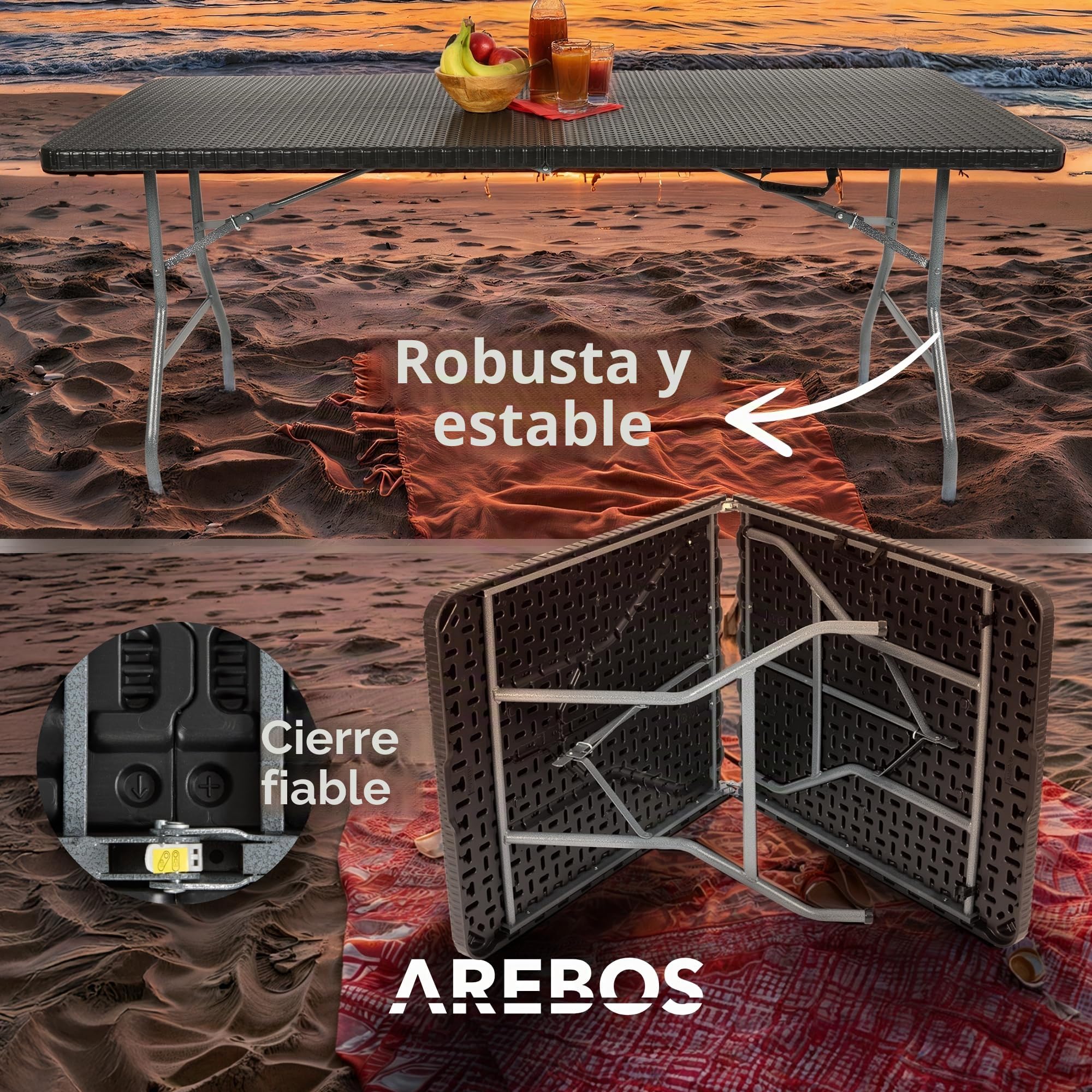 Arebos Tabla Plegable Portátil | Mesa Jardín Exterior 182×74×74 cm | Tabla Camping | MAX 8 Personas | Negro