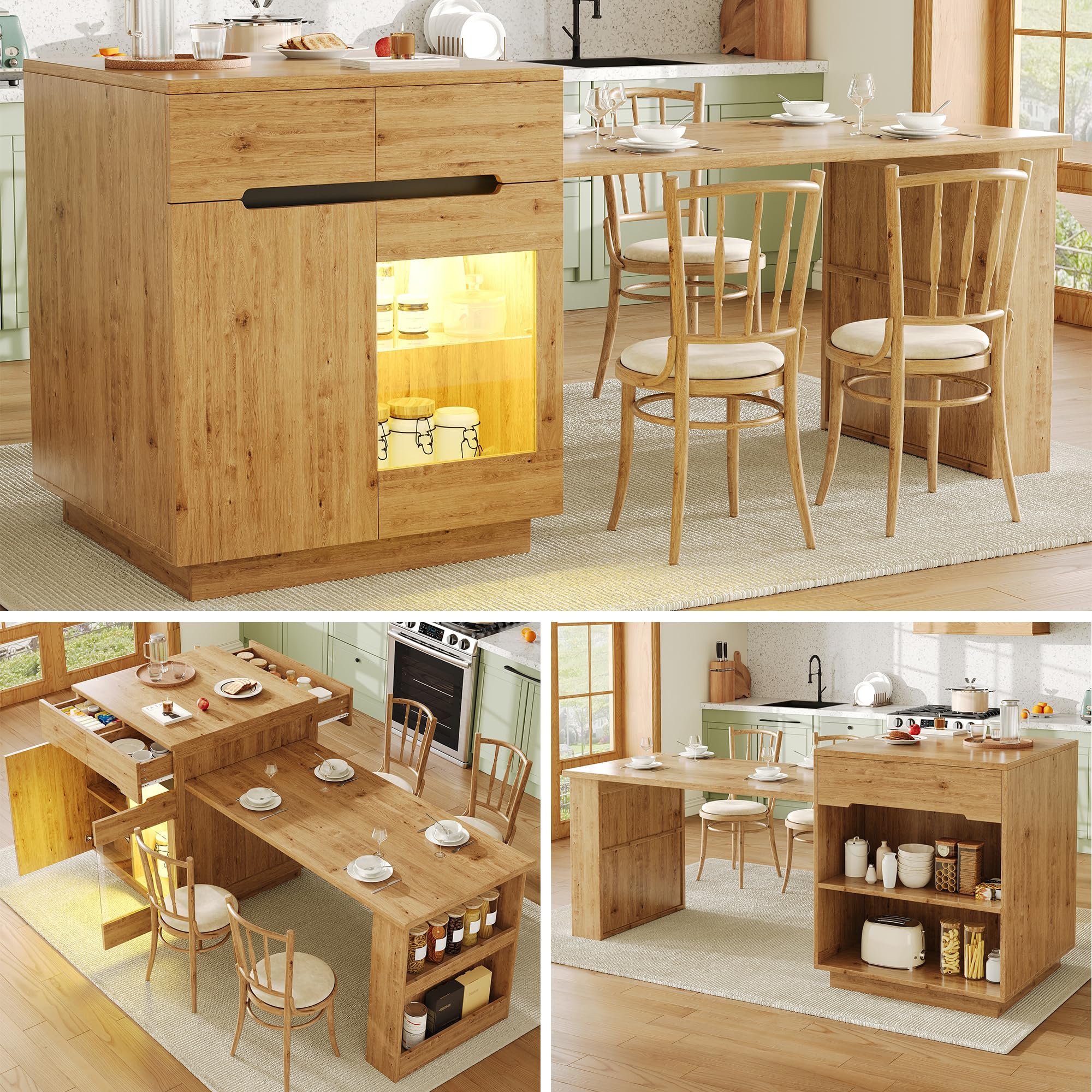Isola cucina con tavolo allungabile, mobile cucina multifunzionale con illuminazione a LED (controllabile tramite app), effetto rovere, vano contenitore, cassetti, anta in vetro, per sala da pranzo e