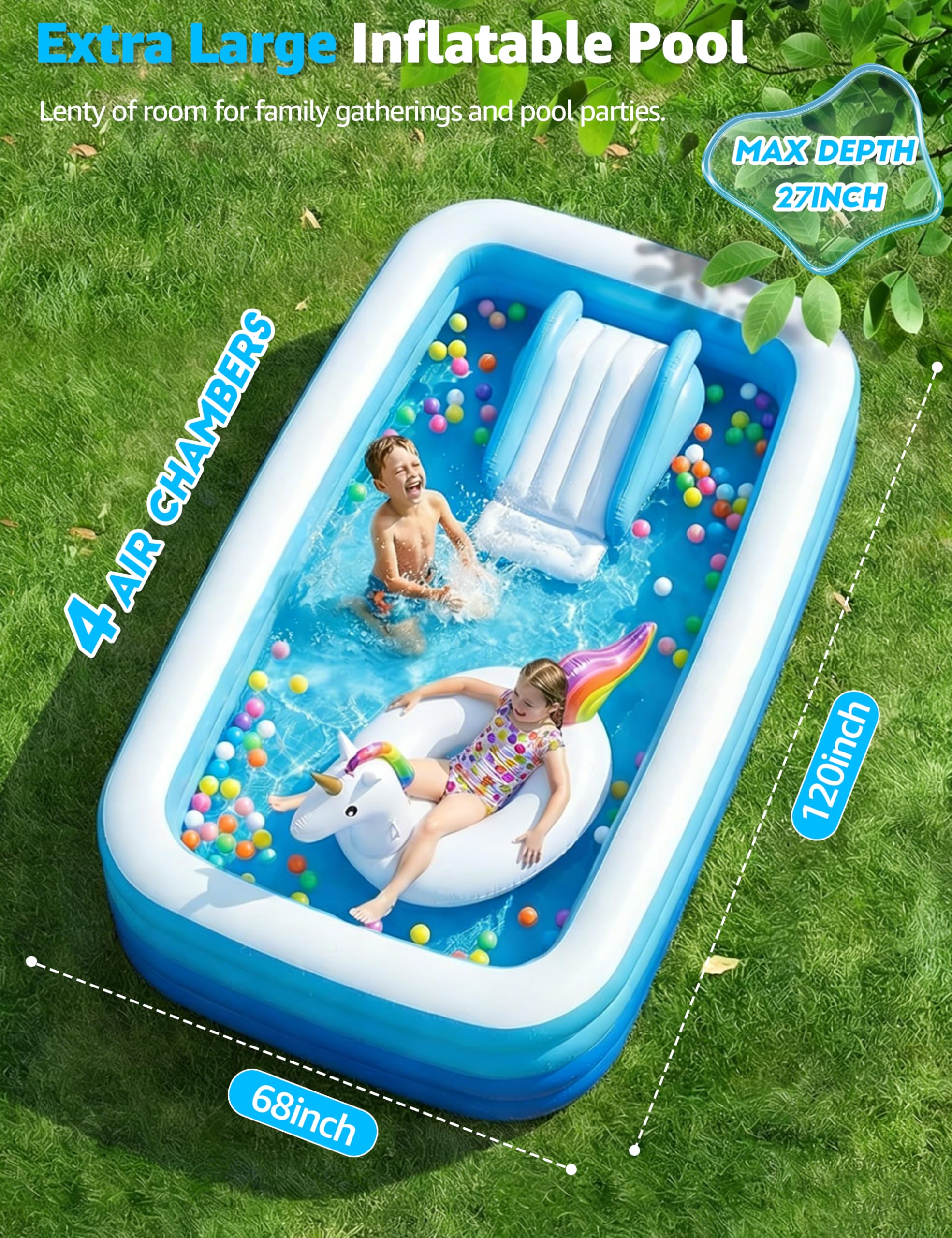 Piscina gonfiabile per adulti, 304,8 x 172,7 x 68,6 cm, a 4 strati, ispessita, per famiglia, per cortile, giardino, estate, feste acquatiche all'aperto, blu