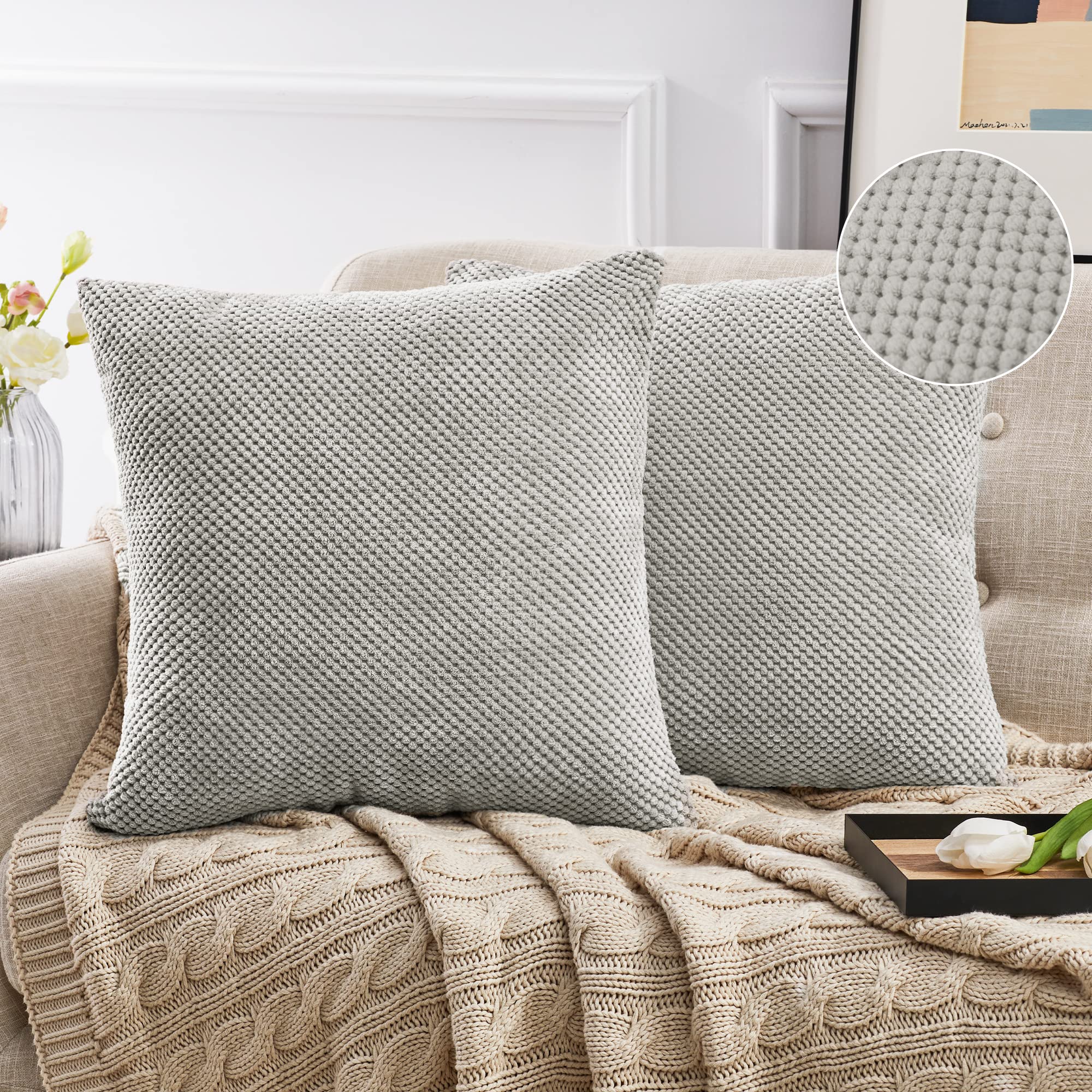 Deconovo Corduroy Dot Light Grey Cushion Covers 45cm x 45cm 18x18 Inch, Soft Home Decorative Throw Pillow Covers for Sofa Bedroom with Invisible Zipper, Set of 2