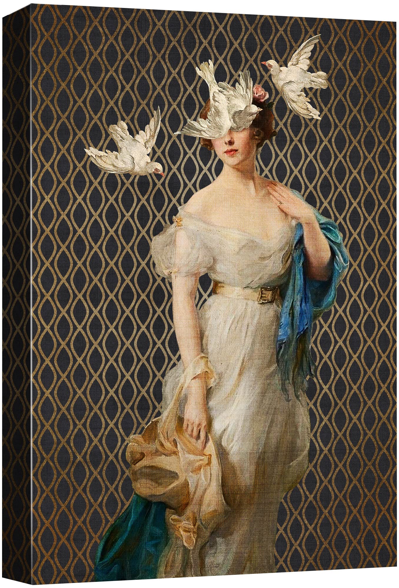 NWT Canvas Print Wall Art Retro Fine Art Classic Woman with Birds Pattern Nature People Illustrations Pop Art