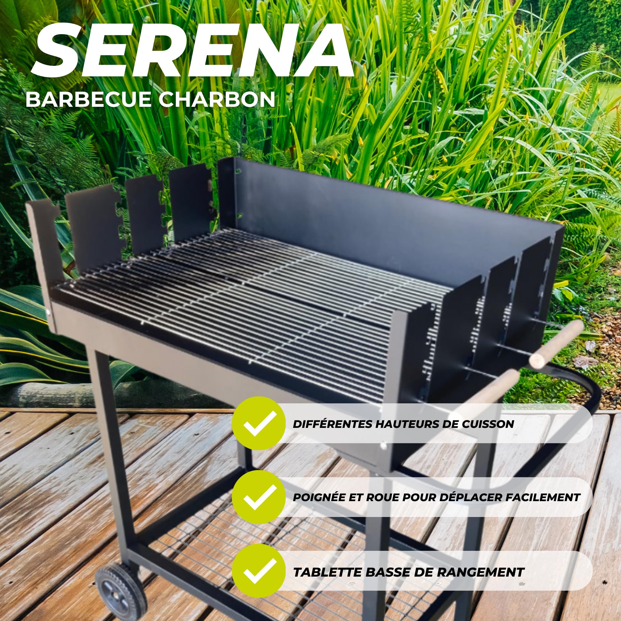 Cook'in Garden SERENA Barbecue Charbon de Bois sur Roues Surface de Cuisson XXL Grilles positionnables Acier