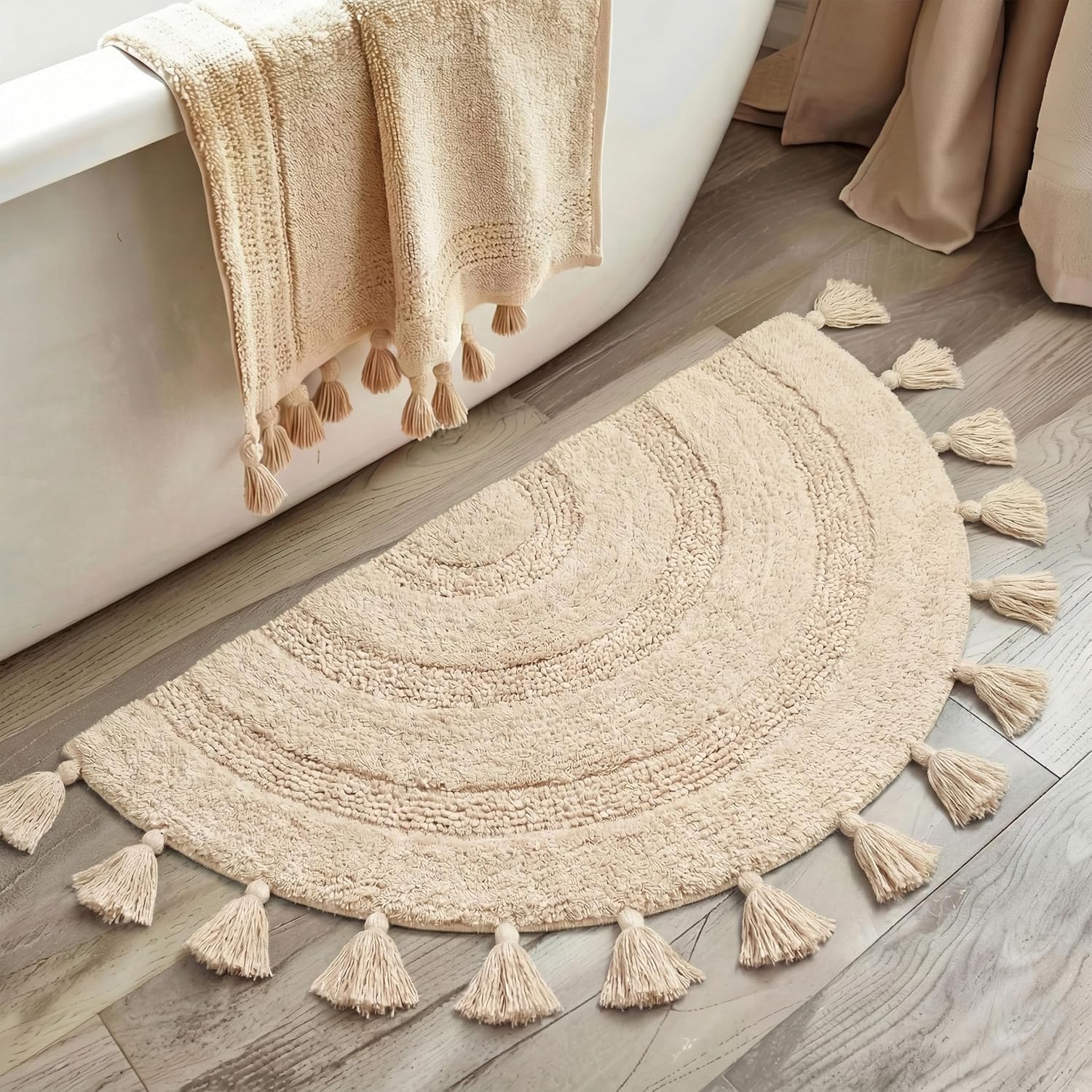 KOEXM Half Circle Boho Bathroom Rugs with Tassels 100% Cotton Hand-Woven Bath Rugs Non Slip Absorbent Crochet Rugs Machine Washable Boho Bath Mats for Bathroom Floor, Tub and Home Decor