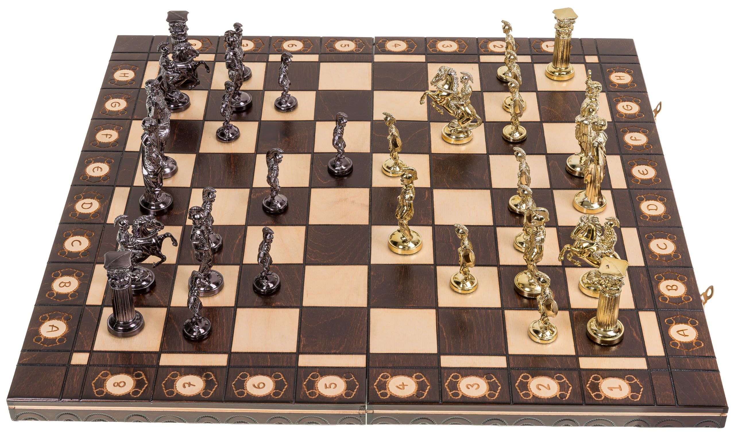 Square - Echecs Romain Gold - Échiquier en Bois - 52 x 52 cm & Pièces d'échecs métallisées - Noir et Argent – Artisanat