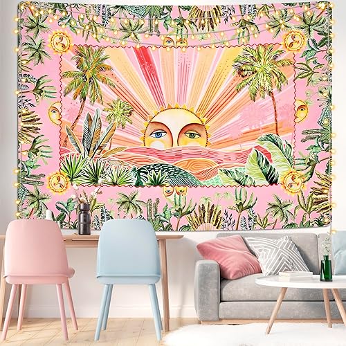 Miniatura 3 de Invoibler Tapiz bohemio con diseño de olas rosadas, estilo retro de los años 70, diseño de arco iris, puesta de sol, tapiz bohemio de mediados de