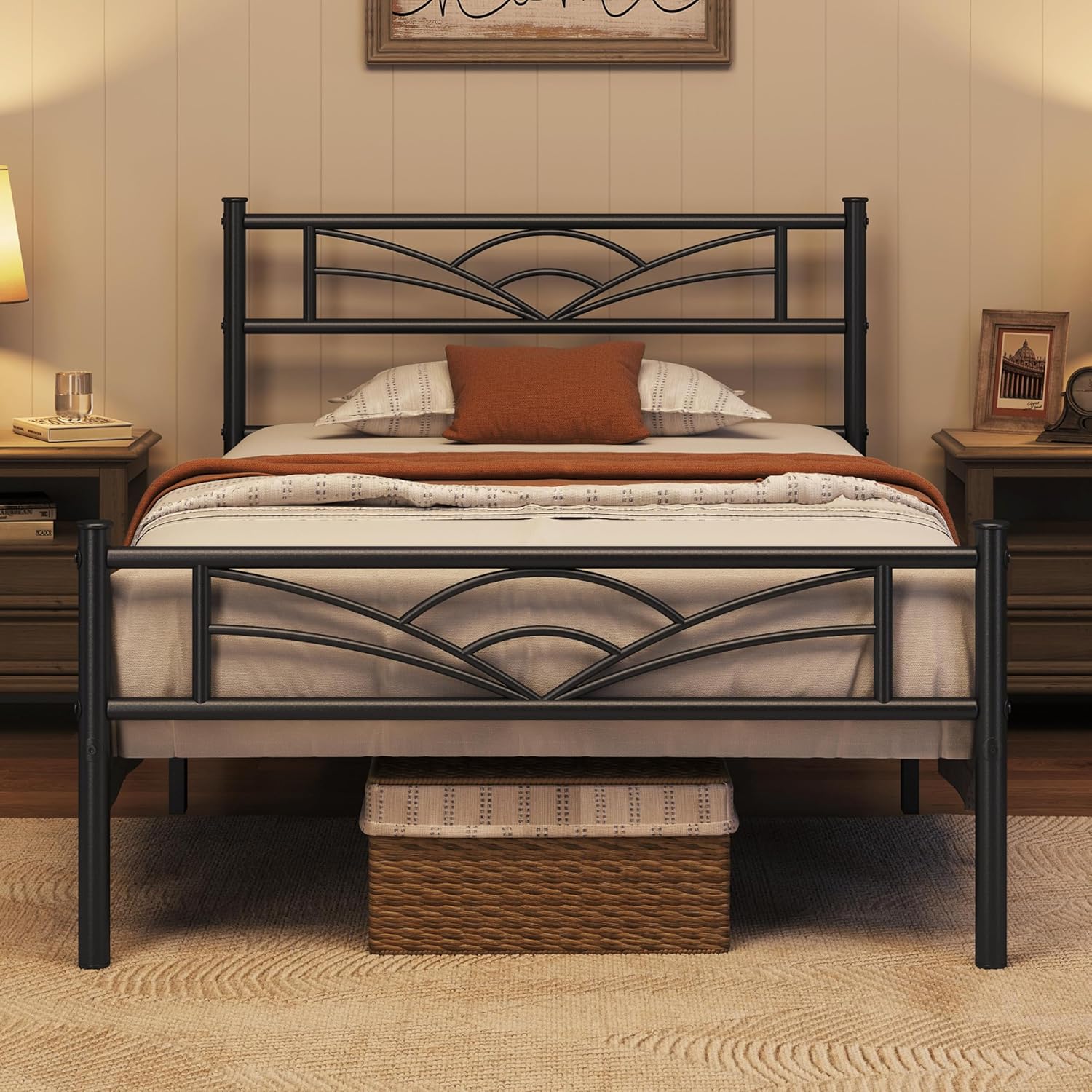 Topeakmart Twin Size Bed Frame, Metal Platform Bed Frame, Mattress Foundation with Cloud-Inspired Design Headboard, No Box Spring Needed, Sturdy Steel Slats, Under Bed Storage, Black