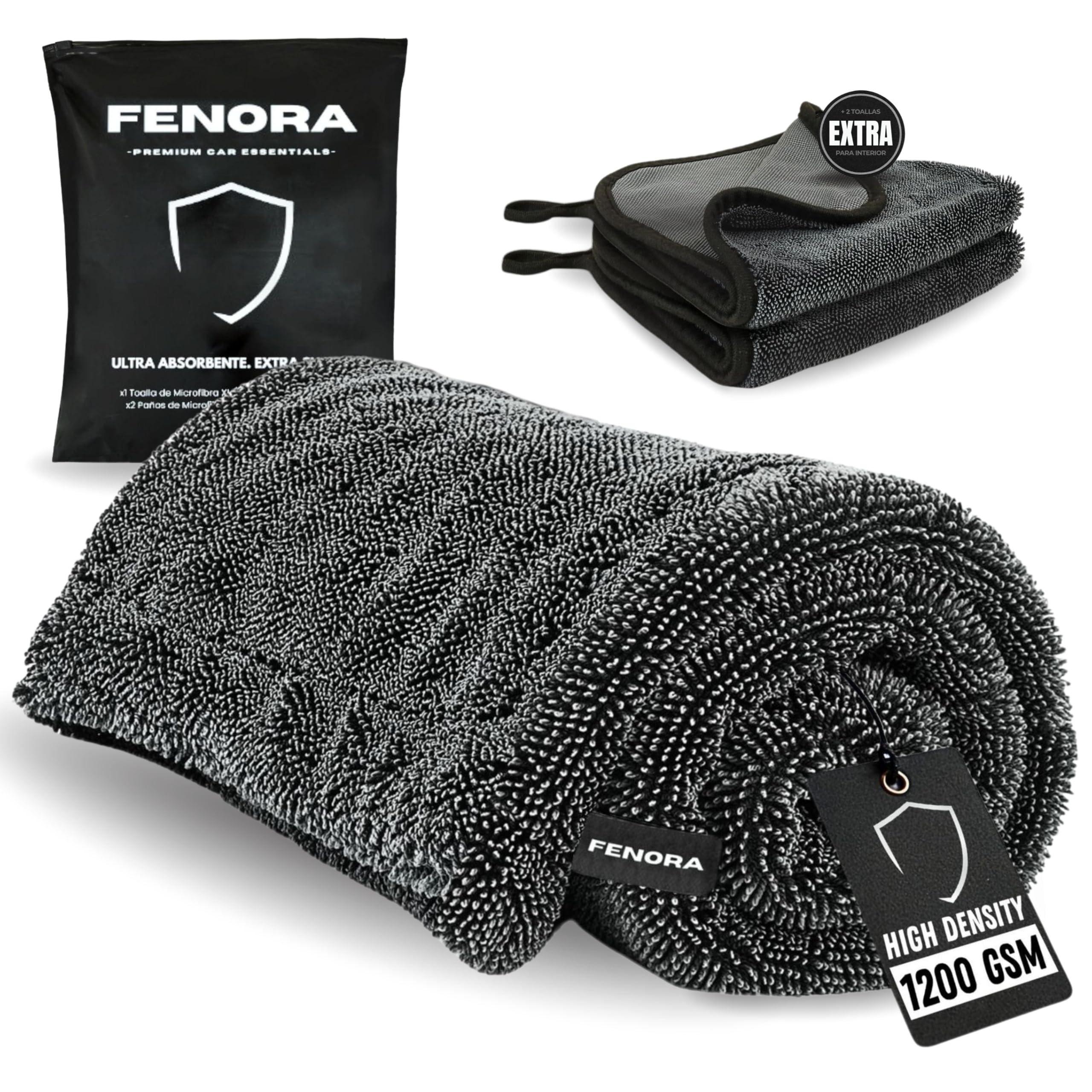 FENORA® Toalla Secado Coche 1200GSM (60×40cm) + 2 Paños Extra (30×30cm) + Bolsa Zip – Toalla Microfibra Coche Premium para Detailing Ultra Absorbente, No Raya