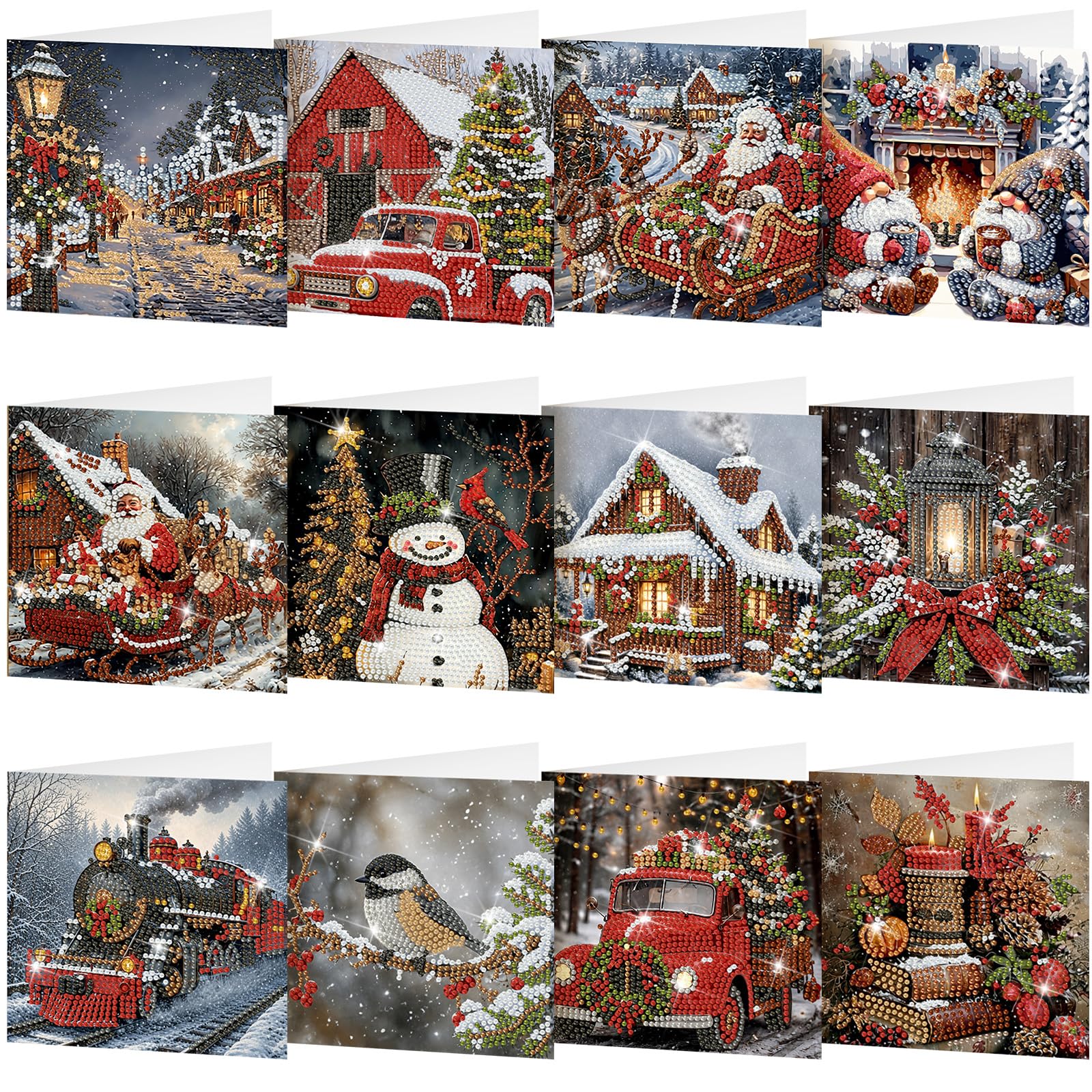 Saillong 12 Pack Christmas Diamond Painting Greeting Card Kits DIY Christmas Snowy Night Diamond Art Cards with Envelopes Xmas 5D Rhinestones Painting for Adults DIY Craft Family Friend Xmas Gifts