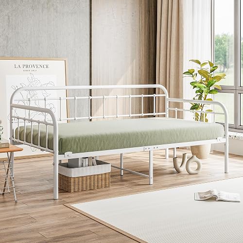 Metal Daybed Frame Twin Size,Sofa Daybed with Heavy-Duty Metal Slats & Under-Bed Storage, No Box-Spring Needed Mattress Foundation,for Living Room, Bedroom and Guest Room, White