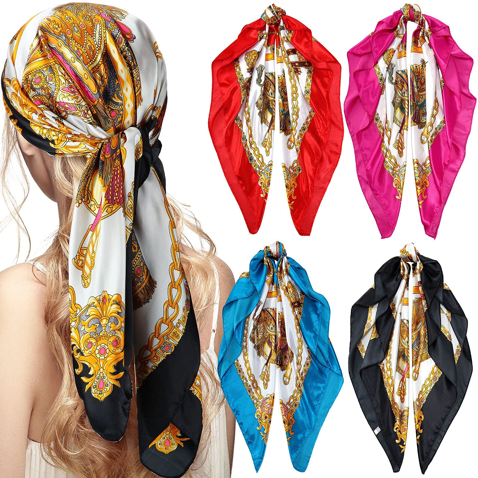 Satin Head Scarves, 4 Pieces 35 Inch Large Square Silky Feeling Headband Satin Boho Hair Bandanas for Women Girls (Stylish Series)