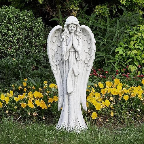 TOETOL Estatuas de jardín al aire libre, estatua de ángel rezando de 31.1 pulgadas, decoraciones de tumba, óxido de magnesio, piedra gris, patio,