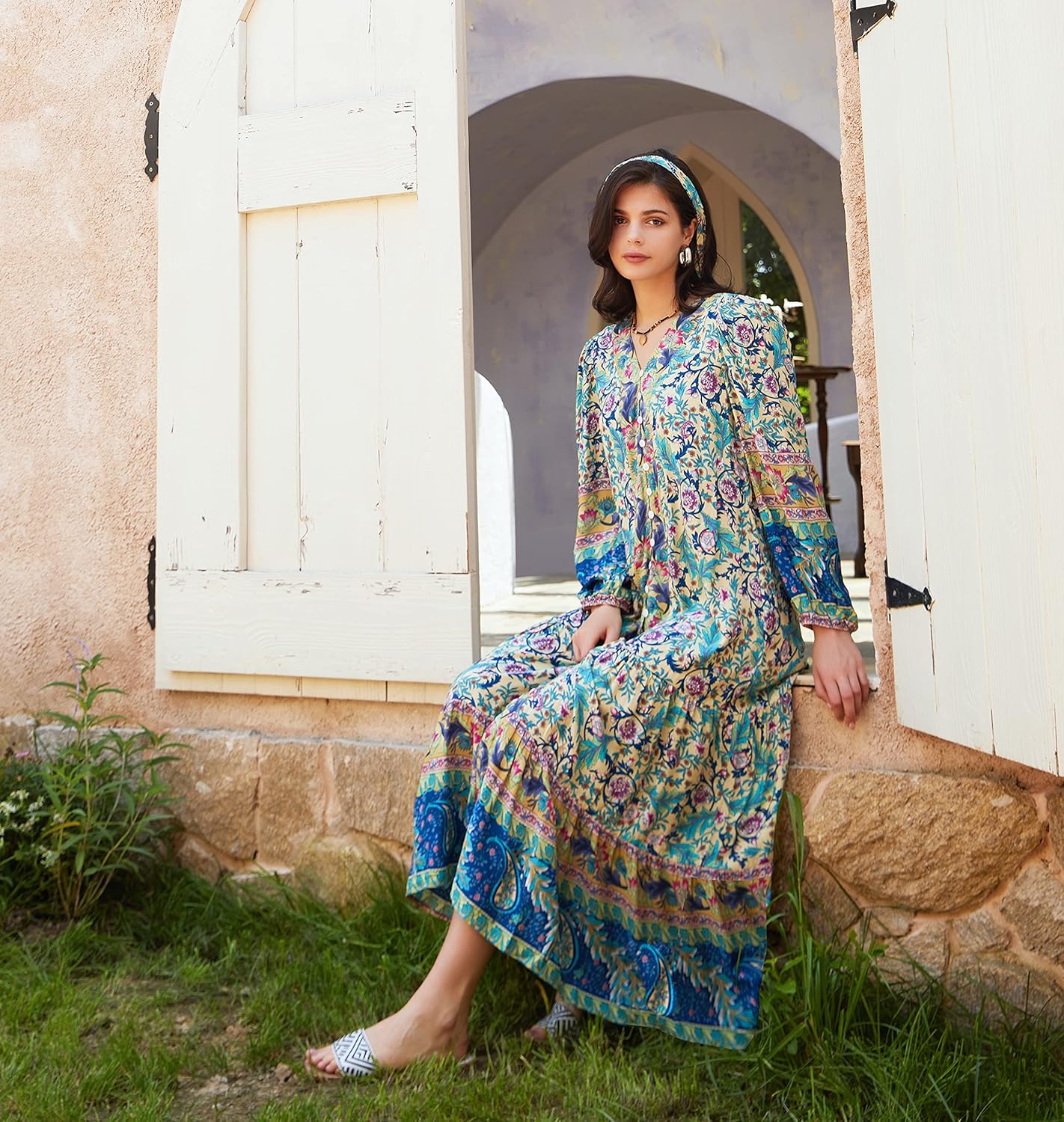 R.Vivimos Women's Long Sleeve Boho Midi Dress V Neck Floral Print Casual Button Down Loose Ruffle Beach Long Dress with Belt - Image 3