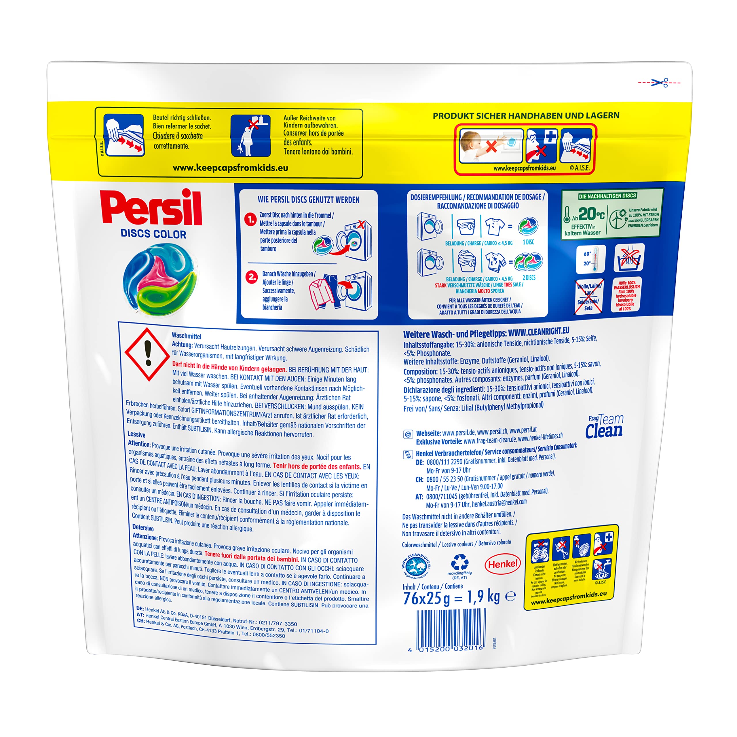 Persil 4 w 1 Color DISCS (76 prań), środek piorący z technologią głębokiej czystości, środek piorący do czystego prania i higienicznej świeżości w pralce