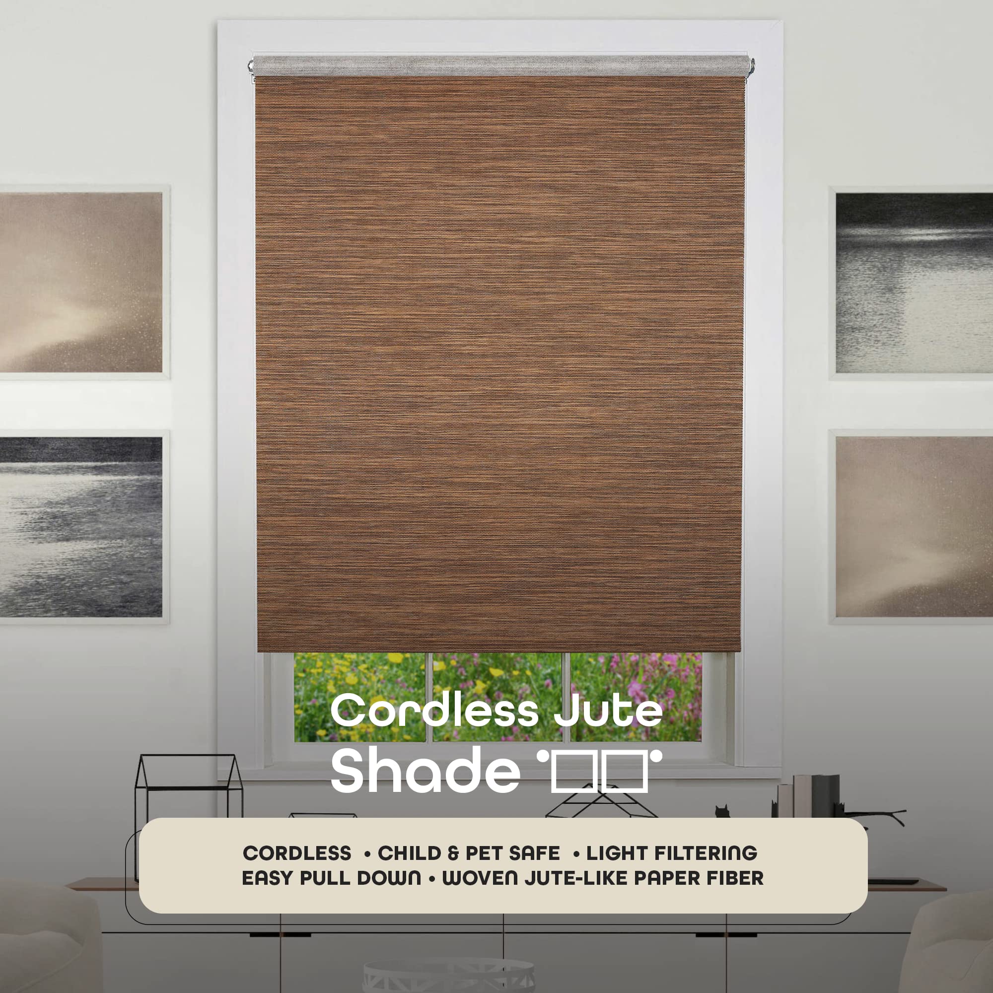 Cordless Privacy Jute Window Roller Shade - 22 Inch Width, 72 Inch Length - Cocoa - Light Filtering Woven Natural Fiber Horizontal Windows Blinds by Achim Home Decor