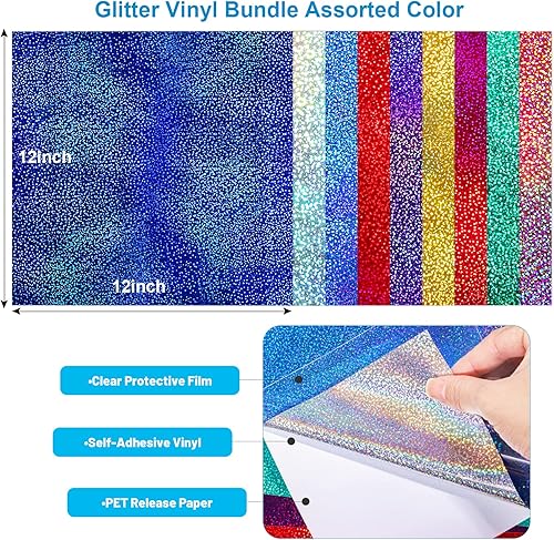 Miniatura 4 de Hojas de vinilo holográficas con purpurina, paquete de 9 vinilos permanentes, vinilo adhesivo fácil de usar para decoración de manualidades, 12 x 12