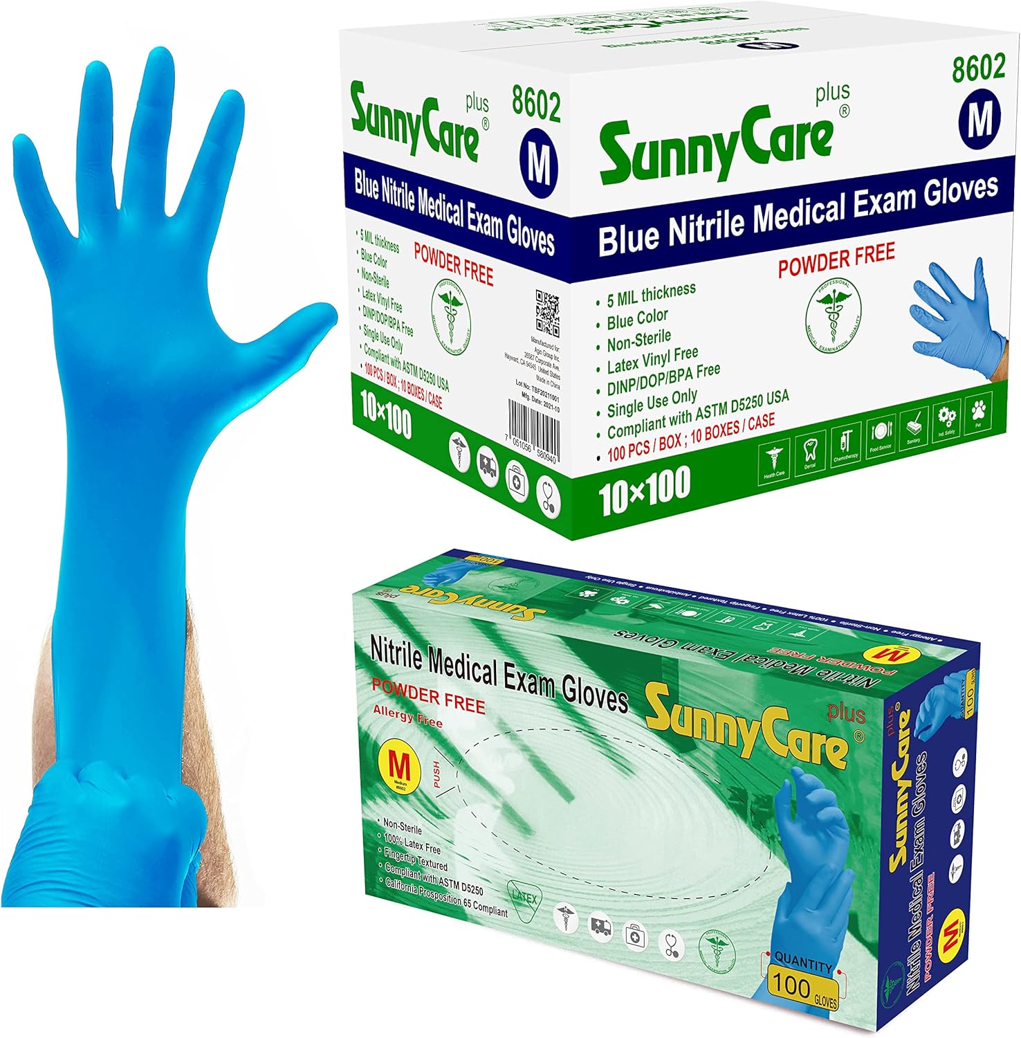1000/case #8602 SunnyCare 5.0 mil Nitrile Exam Gloves Chemo-Rated (Non Vinyl Latex) Size: Medium, Blue