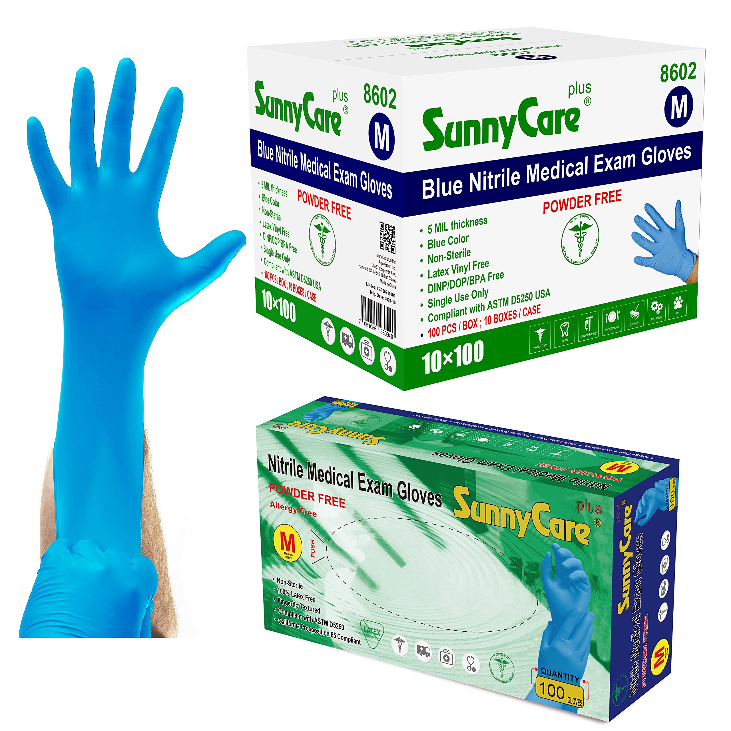 1000/case #8602 SunnyCare 5.0 mil Nitrile Exam Gloves Chemo-Rated (Non Vinyl Latex) Size: Medium, Blue