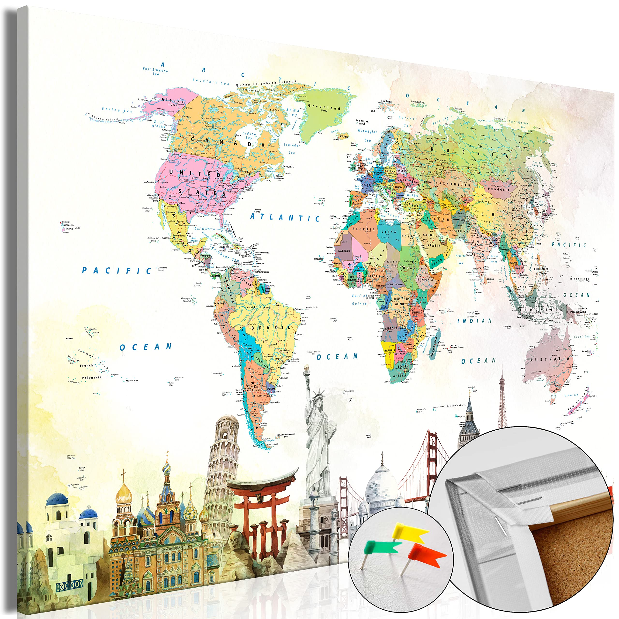 murando Tablero De Corcho & Cuadro en Lienzo 60x40 cm No Tejido XXL Estampado Memoboard Decoración De Pared Impresión Artística Fotografía Gráfica Poster Mapamundi Continente k-C-0117-p-a