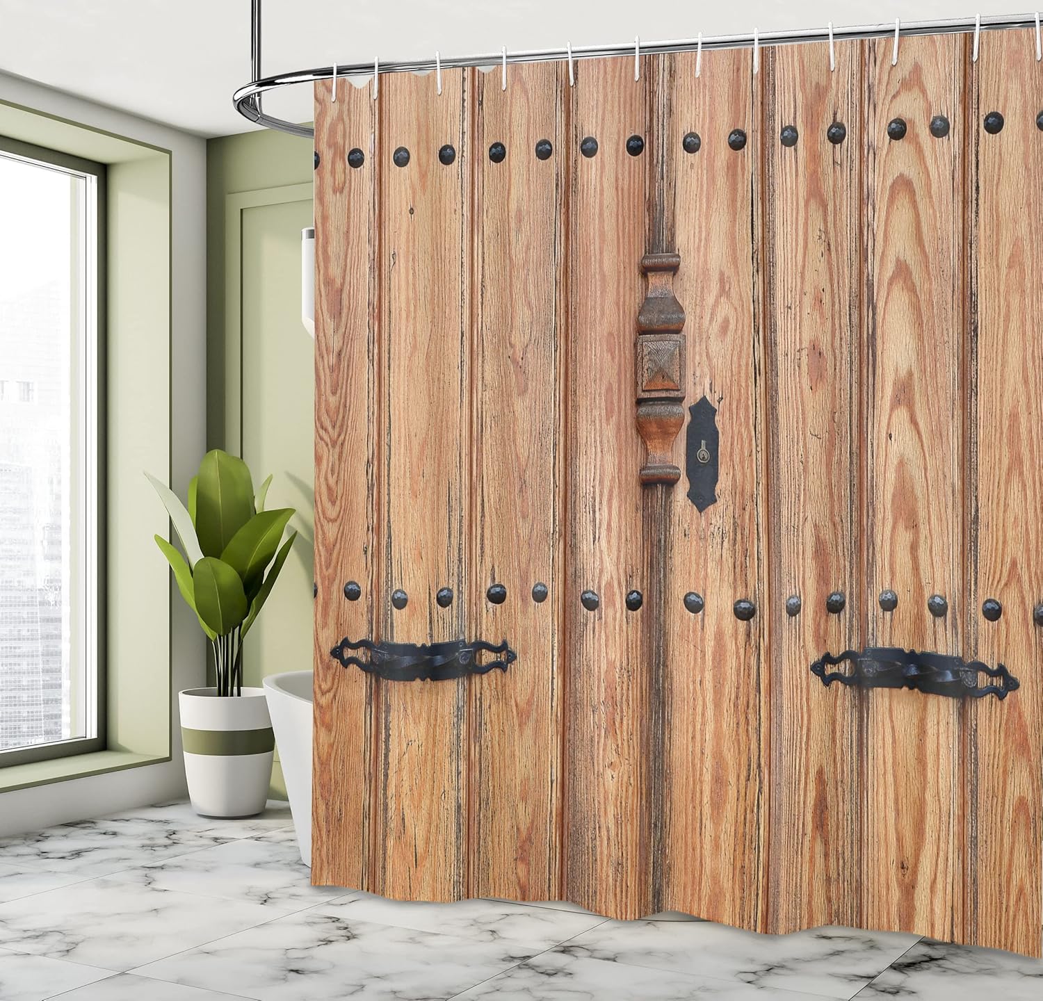 Ambesonne Rustic Shower Curtain, Wooden Padlock Door Old Times Inspired Rusty Weathered Details Picture Print, Cloth Fabric Bathroom Decor Set with Hooks, 69" W x 70" L, Pale Brown