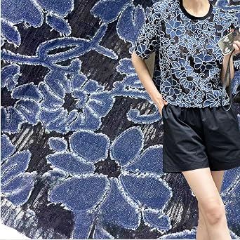 1Yard Blue Floral Lace Overlay Fabric, Metallic Pattern Denim Fabric, 36 x 51 Inches Per Yard for DIY Craft Decoration