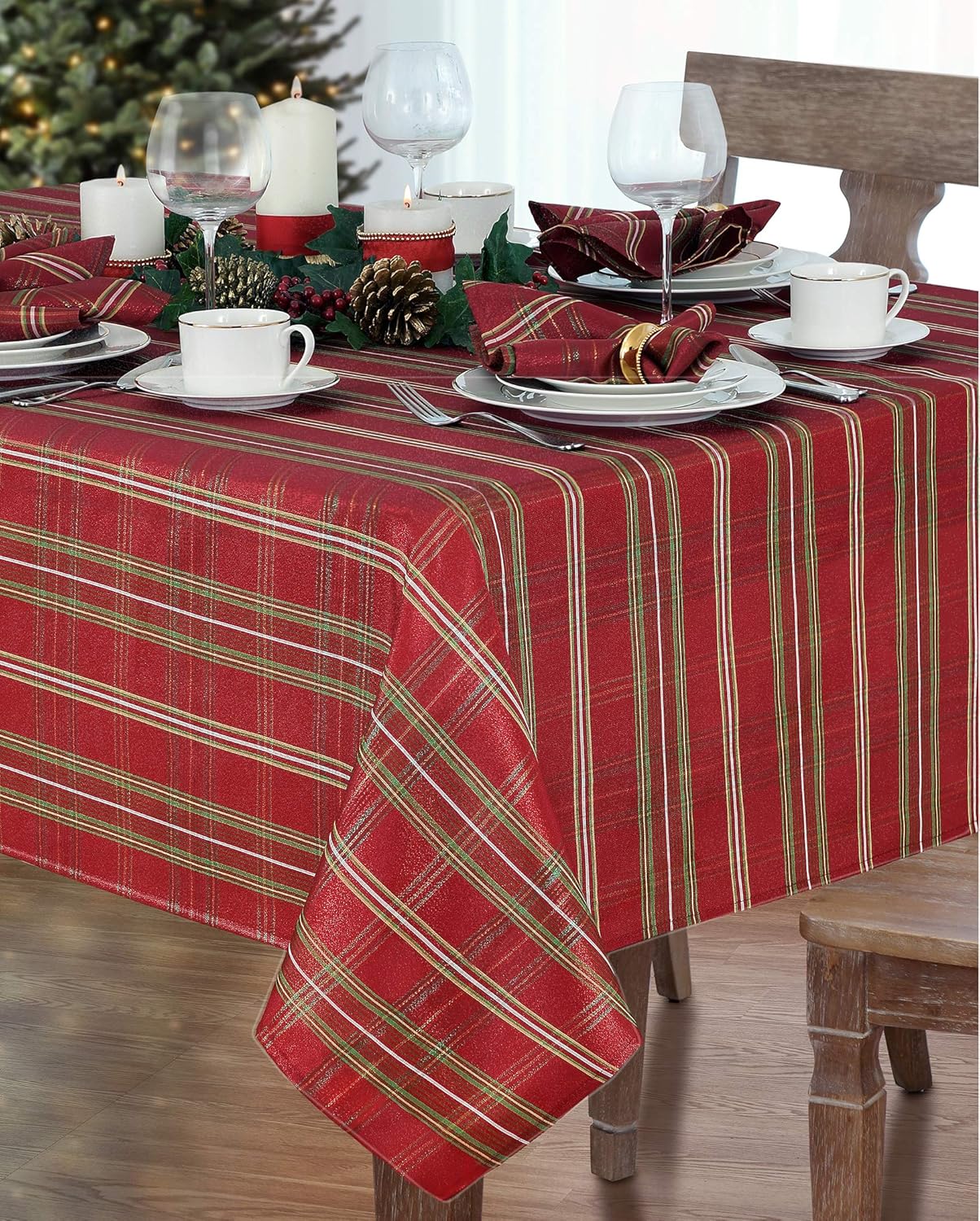 Tech Deals 🔥 Shimmering Plaid Metallic Christmas Fabric Tablecloth by Newbridge, Glitter Xmas Weave Holiday Cloth Tablecloth, 60 Inch x 84 Inch Oblong/Rectangle