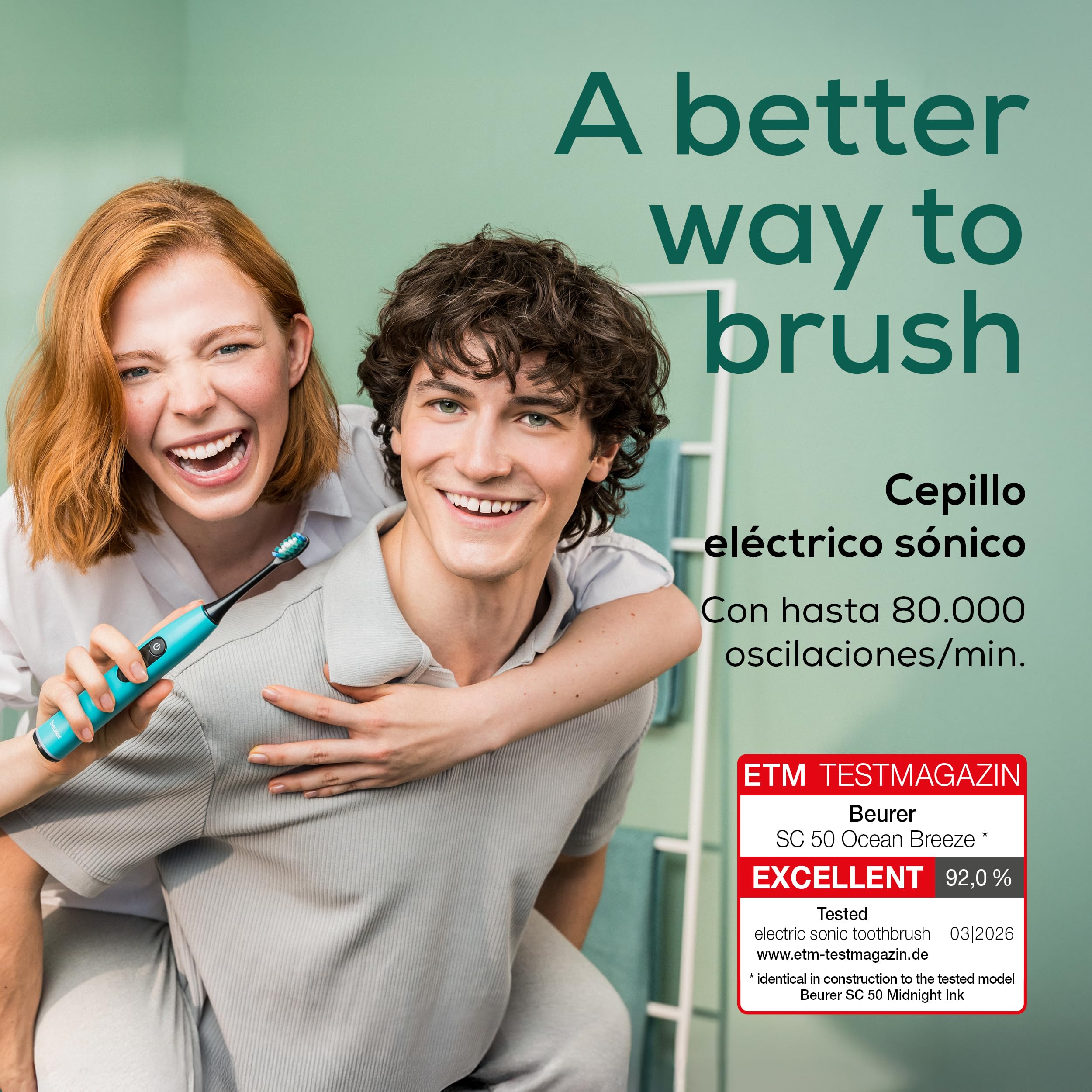 Beurer SC 50 Ocean Breeze Cepillo de dientes sónico eléctrico, 5 modos de cepillado y sensor de presión, 80.000 vibraciones, pantalla con indicador de tiempo de cepillado, 2 cabezales de recambio