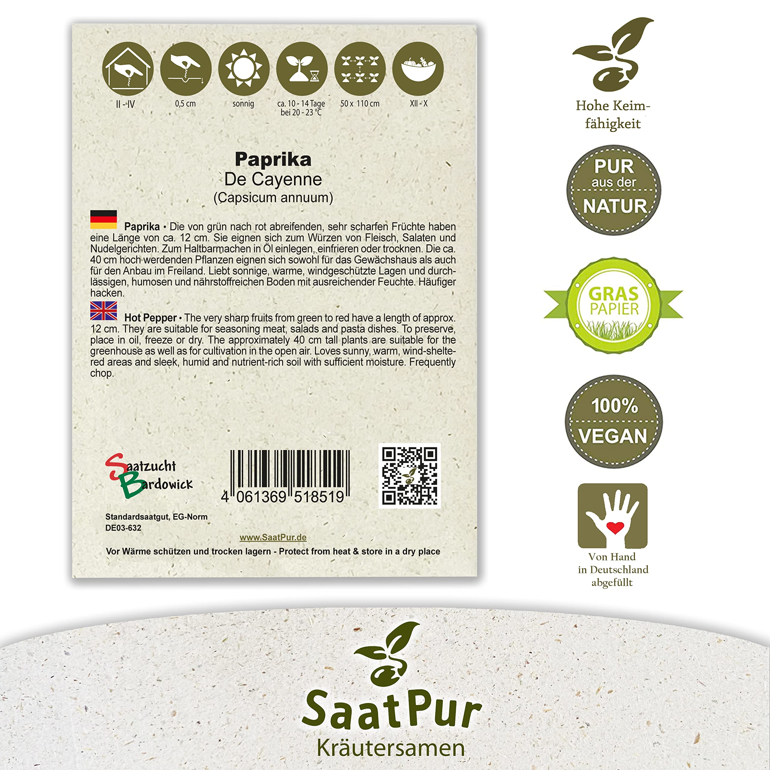 SaatPur Paprika De Cayenne Samen, samenfeste Samen Saatgut - Kleines Tray mit 25 Portionstüten für je ca. 60 Pflanzen