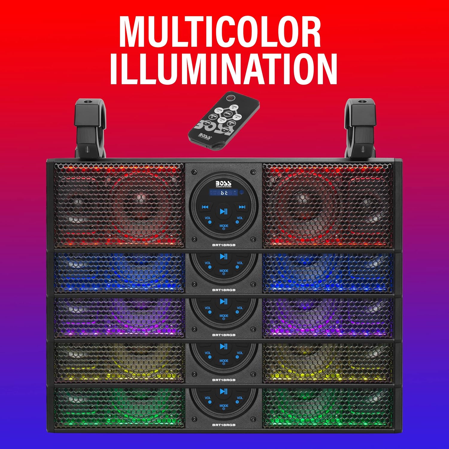 Black Friday - 40% OFF BOSS Audio Systems BRT18RGB ATV UTV Sound Bar System - 18 Inches Wide, IPX5 Rated Weatherproof, Bluetooth Audio, Amplified, 4 inch Speakers, 1 Inch Tweeters, USB Port, RGB Multicolor Illumination