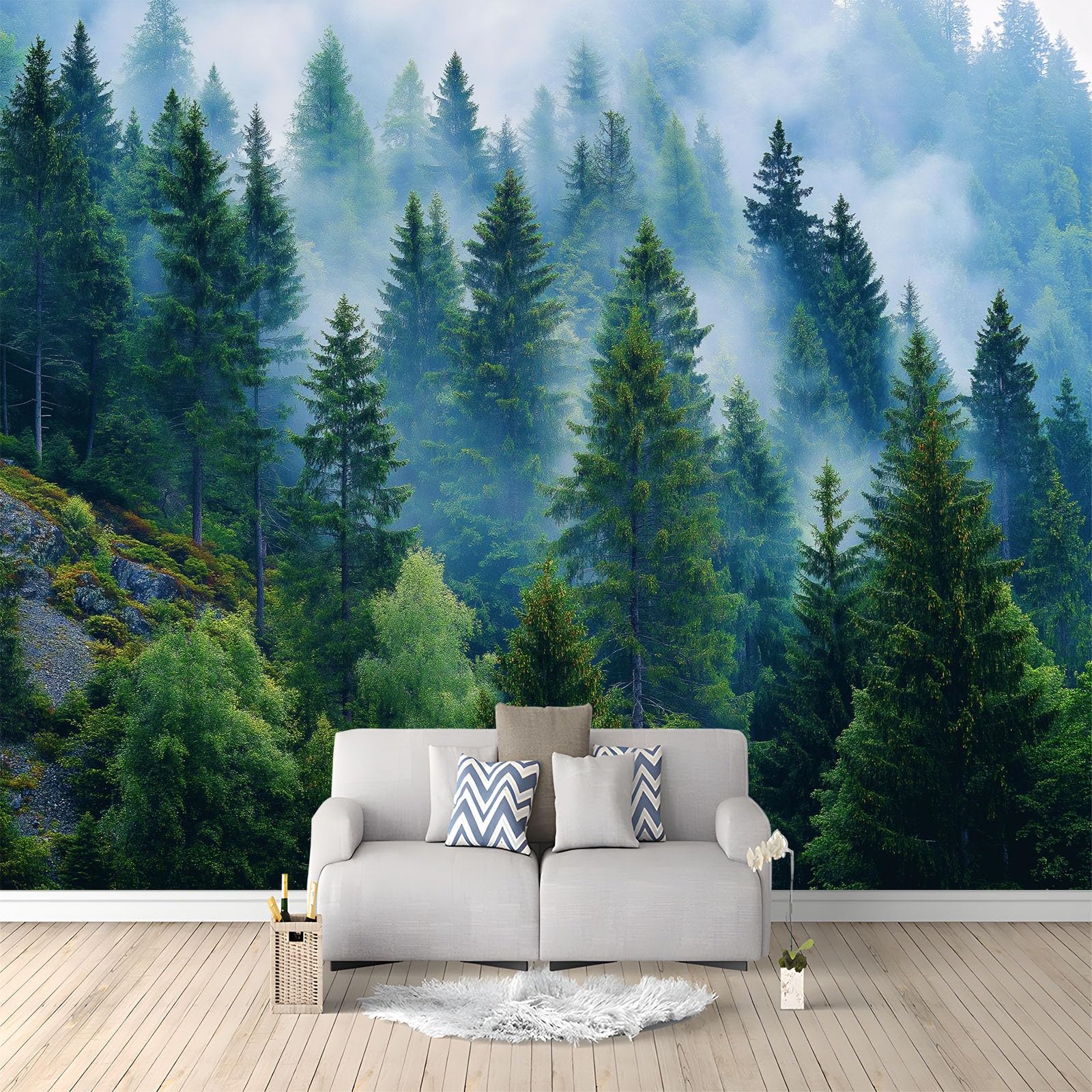 Tapeta Scandi Natura Las Mgła Poranne liście 200 x 140 cm - Fototapeta z TNT Efekt 3D, Gigantyczny plakat Dekoracja ścienna do salonu, sypialni i biura - zielony szałwiowy