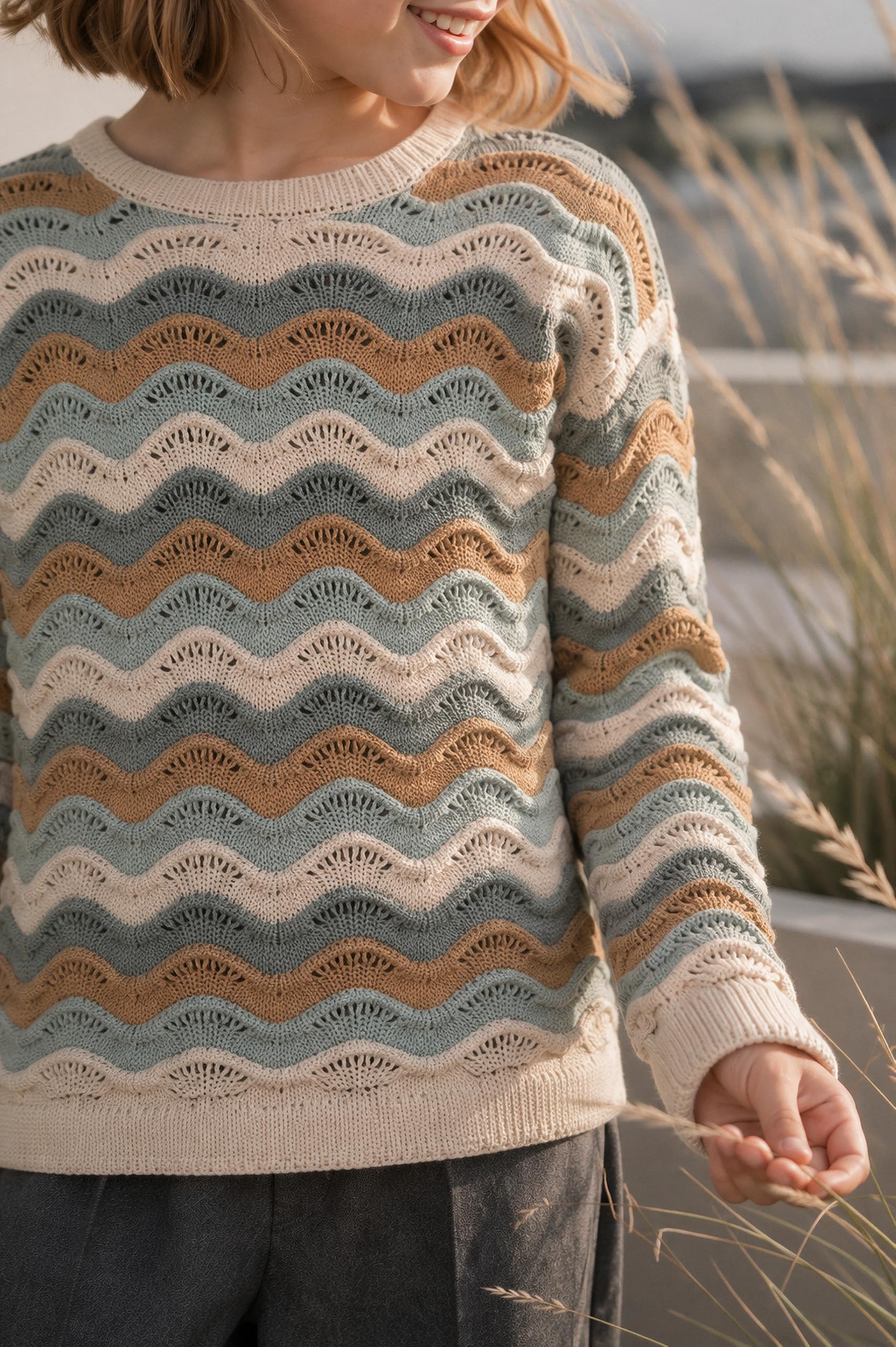 Mädchen Strickpullover DTYRA Wellen-Ajourmuster Bordeaux