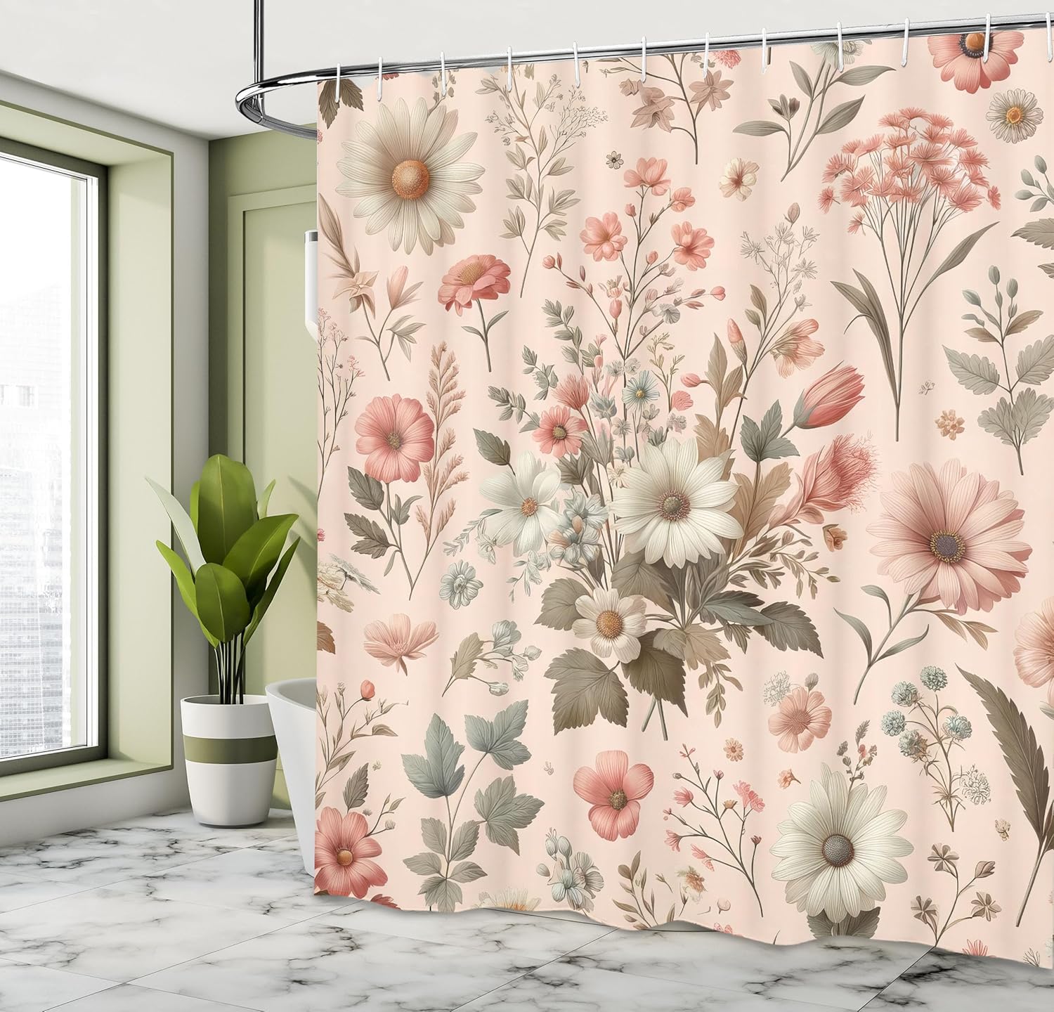 Ambesonne Floral Shower Curtain, Springtime Farmhouse Concept Nostalgic Feel Gentle Floral Pattern with Leaves, Cloth Fabric Bathroom Decor Set with Hooks, 69" W x 75" L, Blush Olive Green